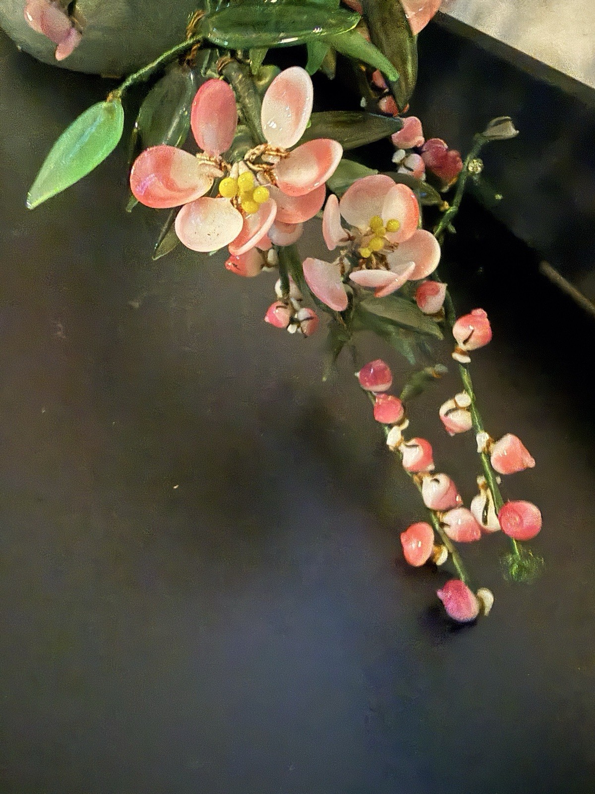 Vintage Chinese Jade Glass Quartz Bonsai Tree Celadon 20” X 30” CHERRY Blossoms