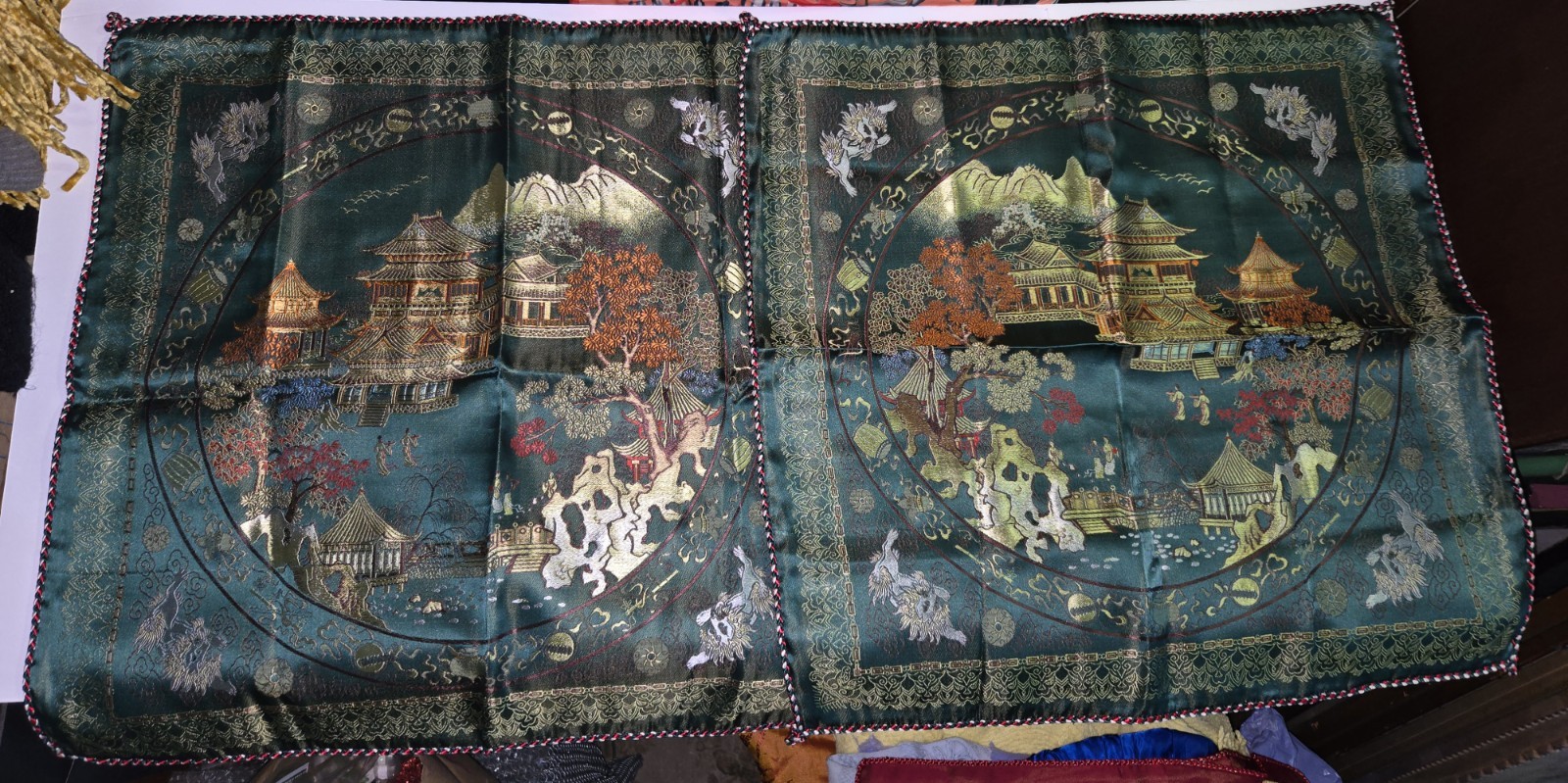 SET OF 2 Vintage Chinese Silk Brocade Pillow Covers – Vert GREEN Landscape 21″