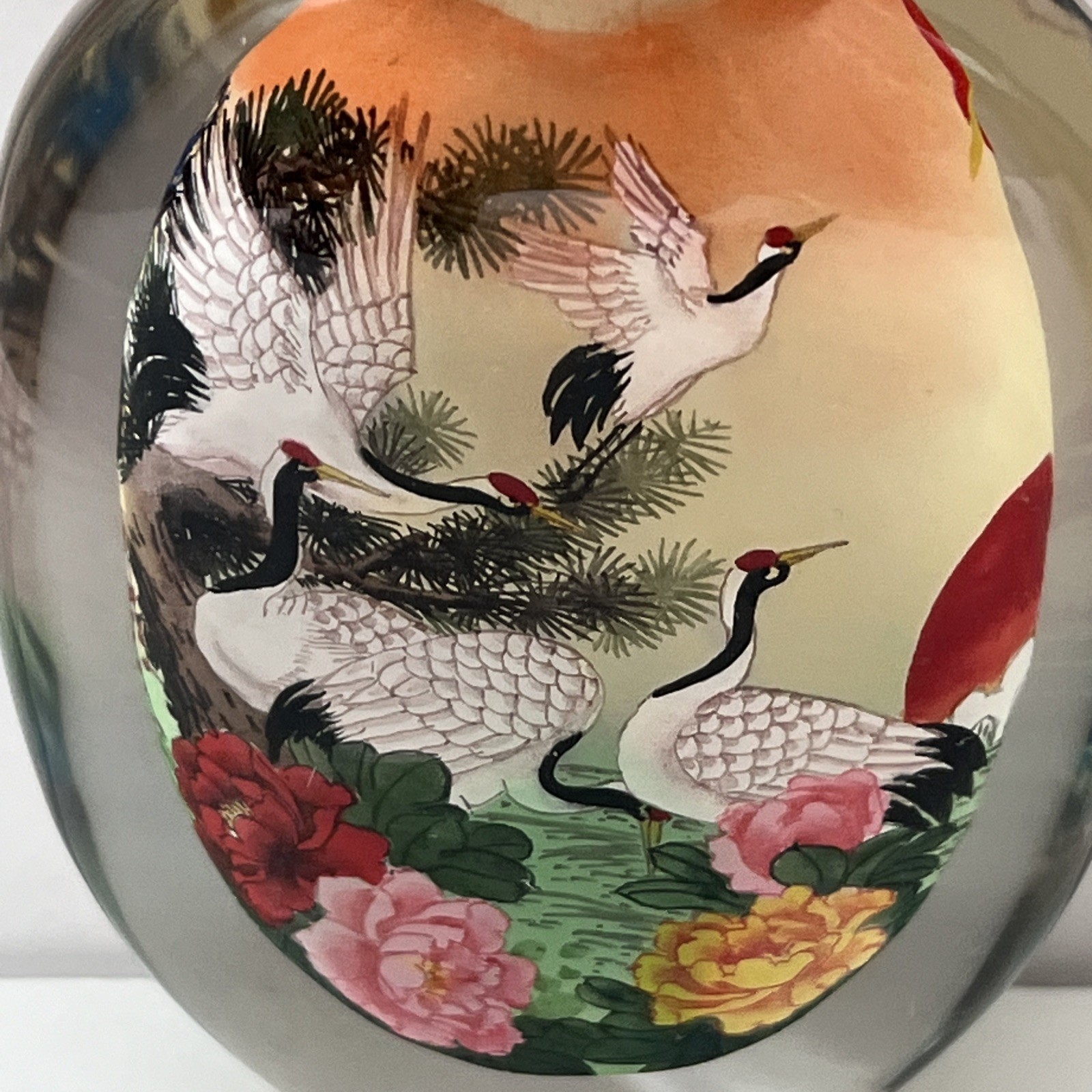 Vintage Chinese Reverse Painted Glass Snuff Bottle Crane Peony Pine Tree