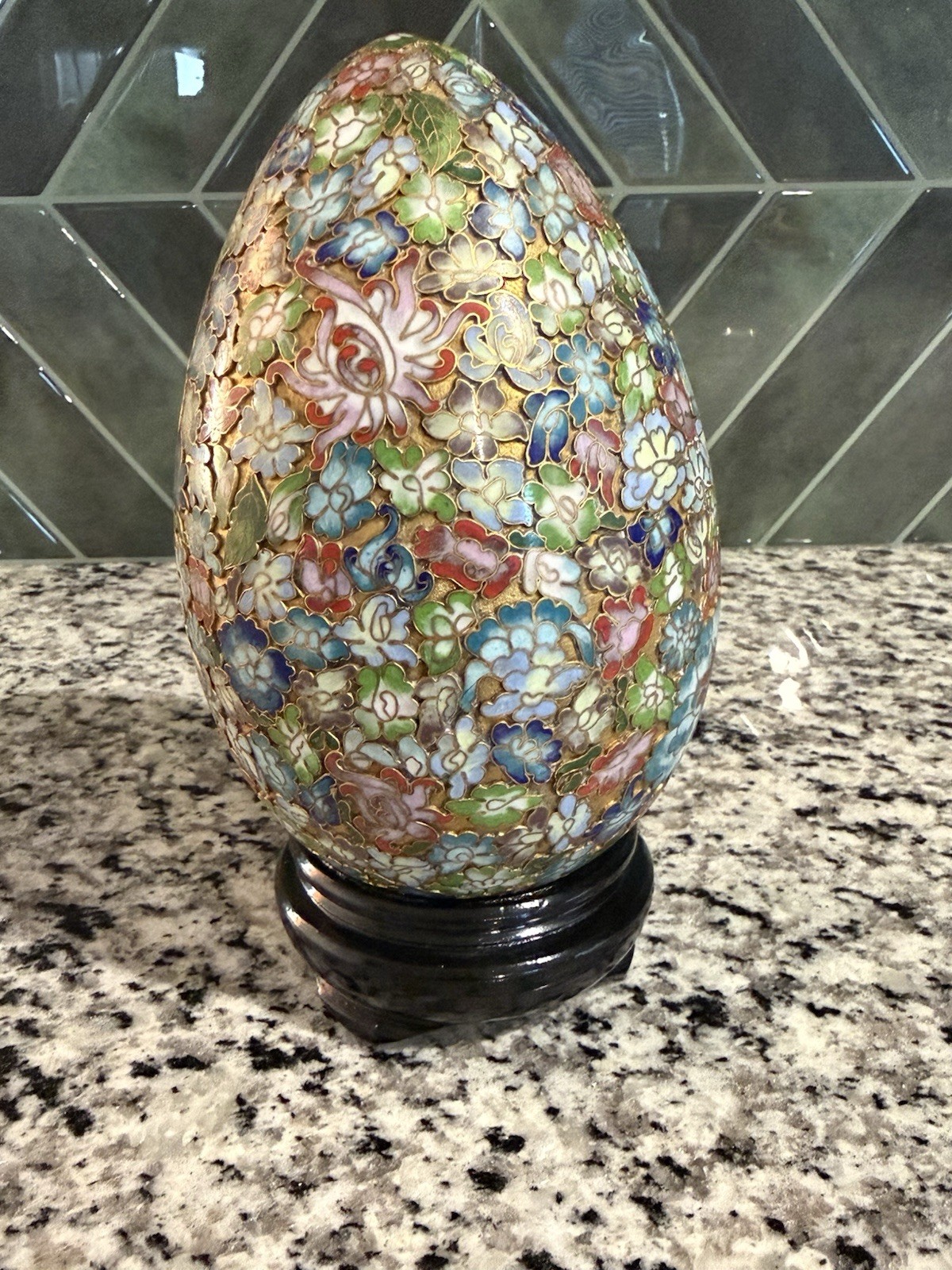 Vintage Chinese Cloisonné Large Gilded Egg w/ Wood Stand Floral, Millefleurs