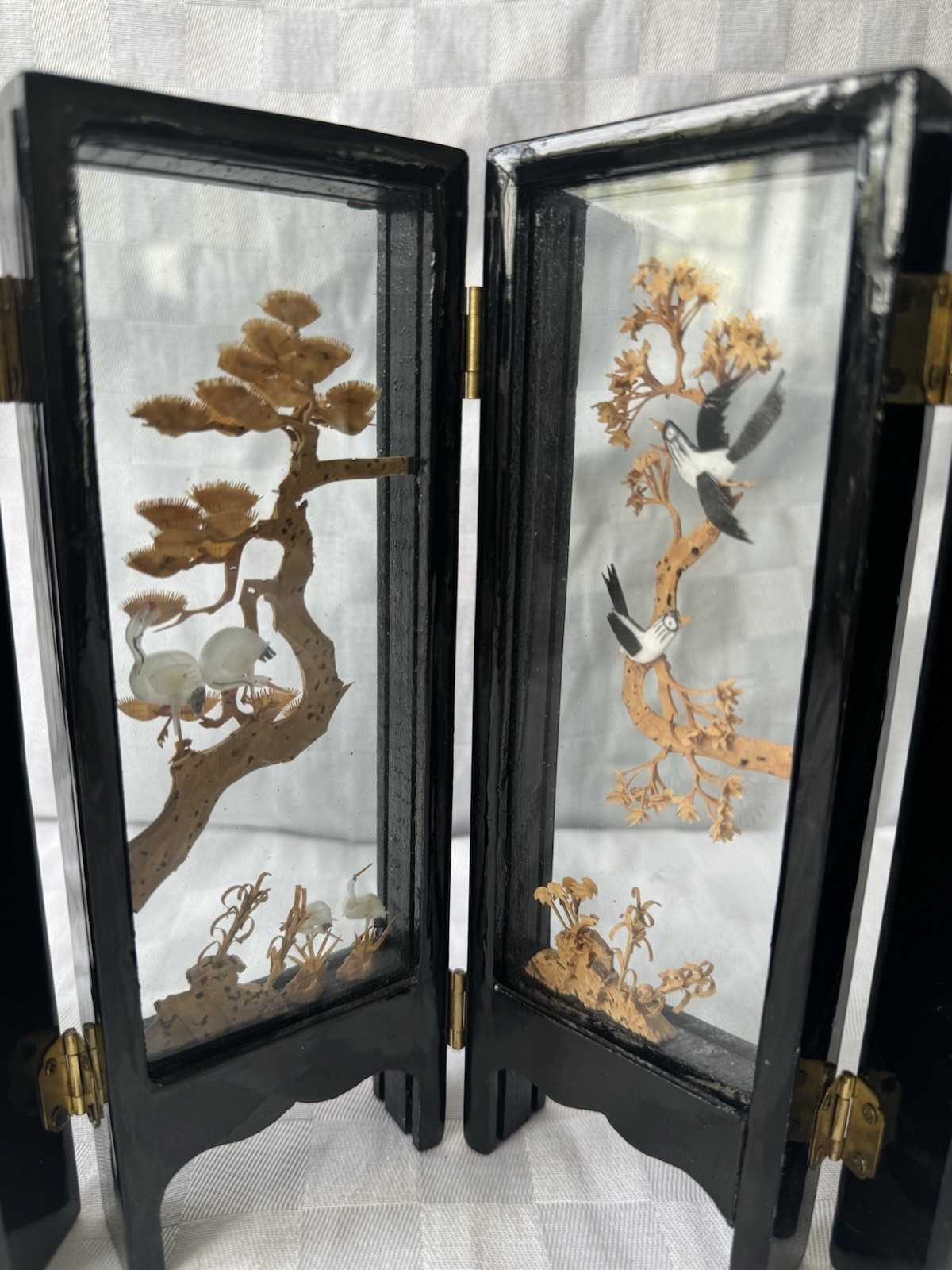Chinese Cork Art Folding Screen 6 Panel Diorama Landscape Pagoda Black Lacquer
