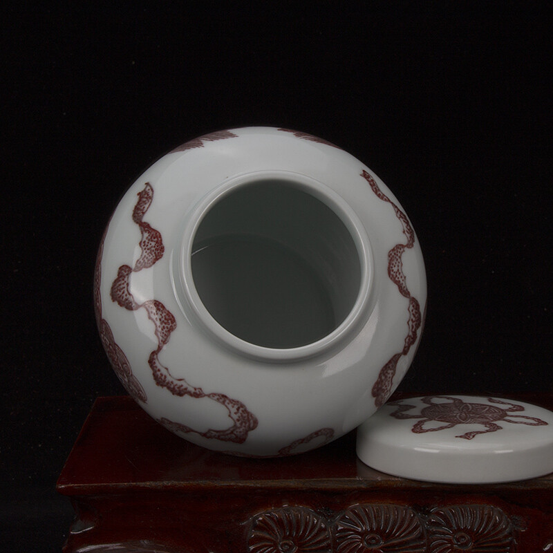 5.1″ Good China Red Glaze Porcelain Hand Painting Foo Fu Dog Lion Tea-leaf Pot