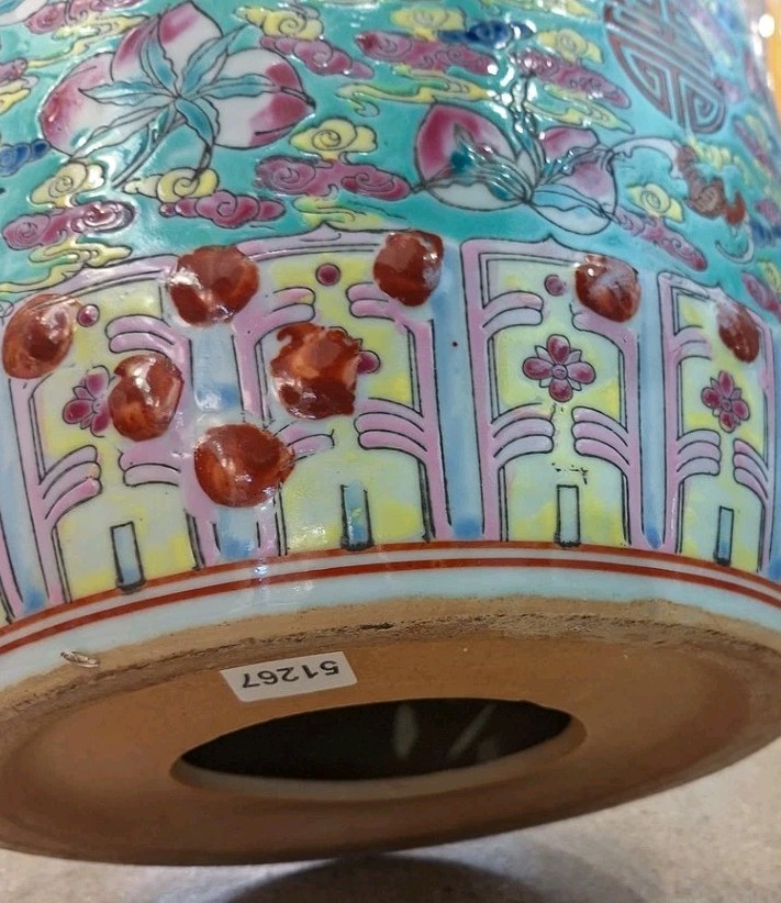 Blue Green and Peach Porcelain Garden Stool- 12″ x 15.75”H