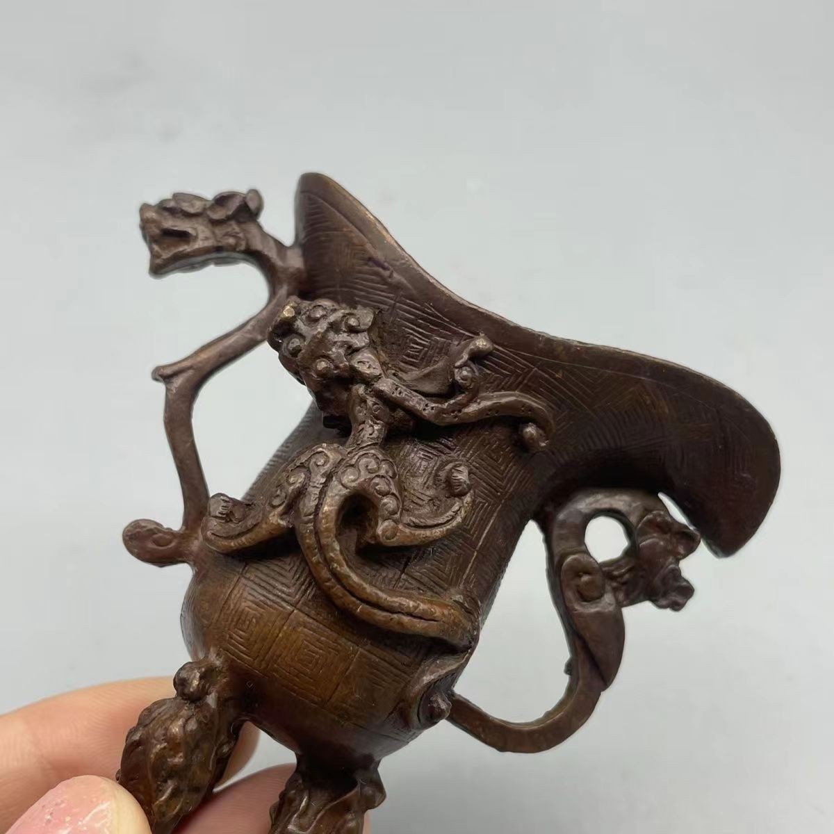 Old Chinese Copper Alloy Three-Legged Auspicious Beast Wine Vessel