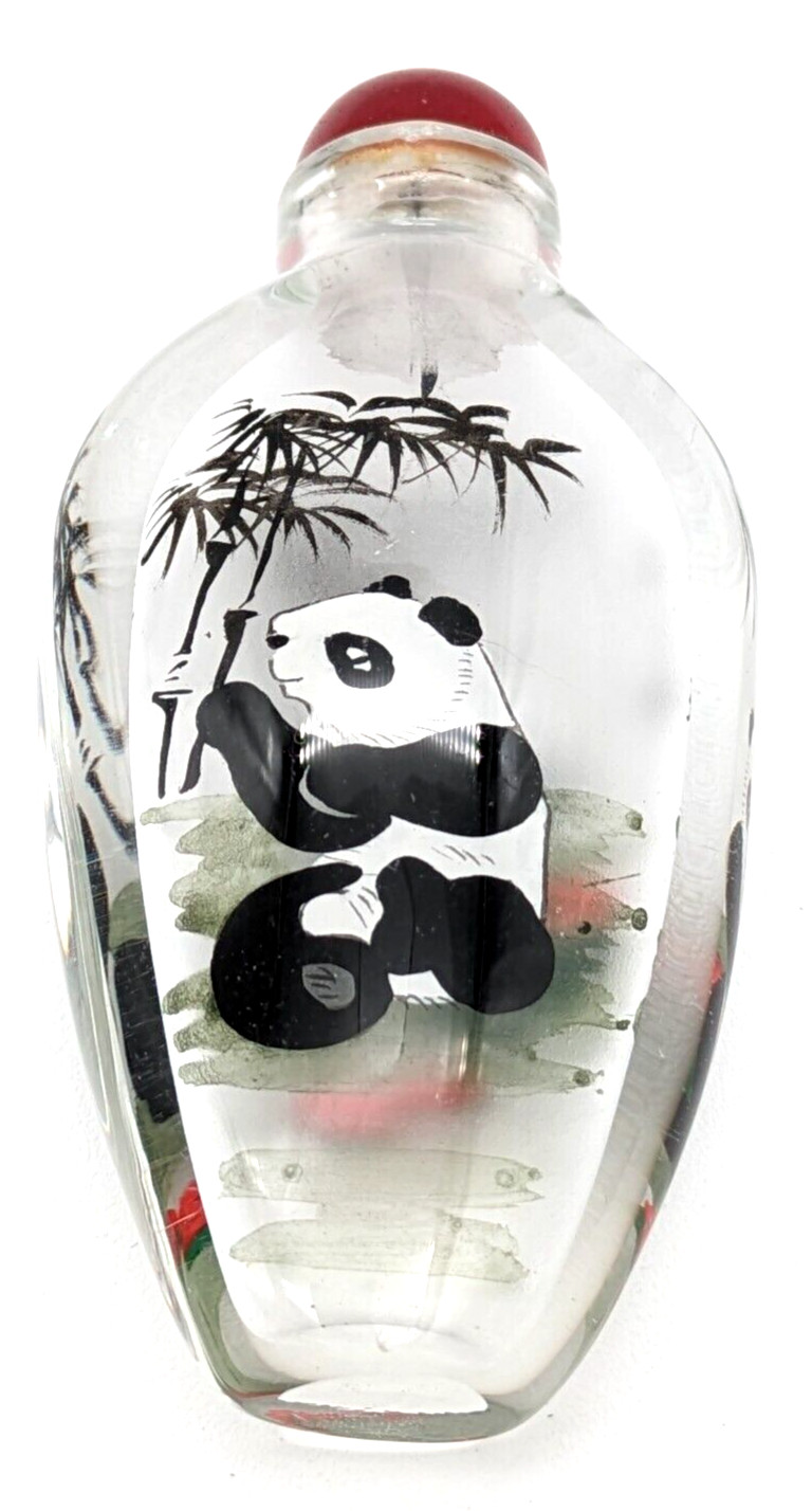 Vintage Chinese Reverse Painted Glass Snuff Bottle Pandas