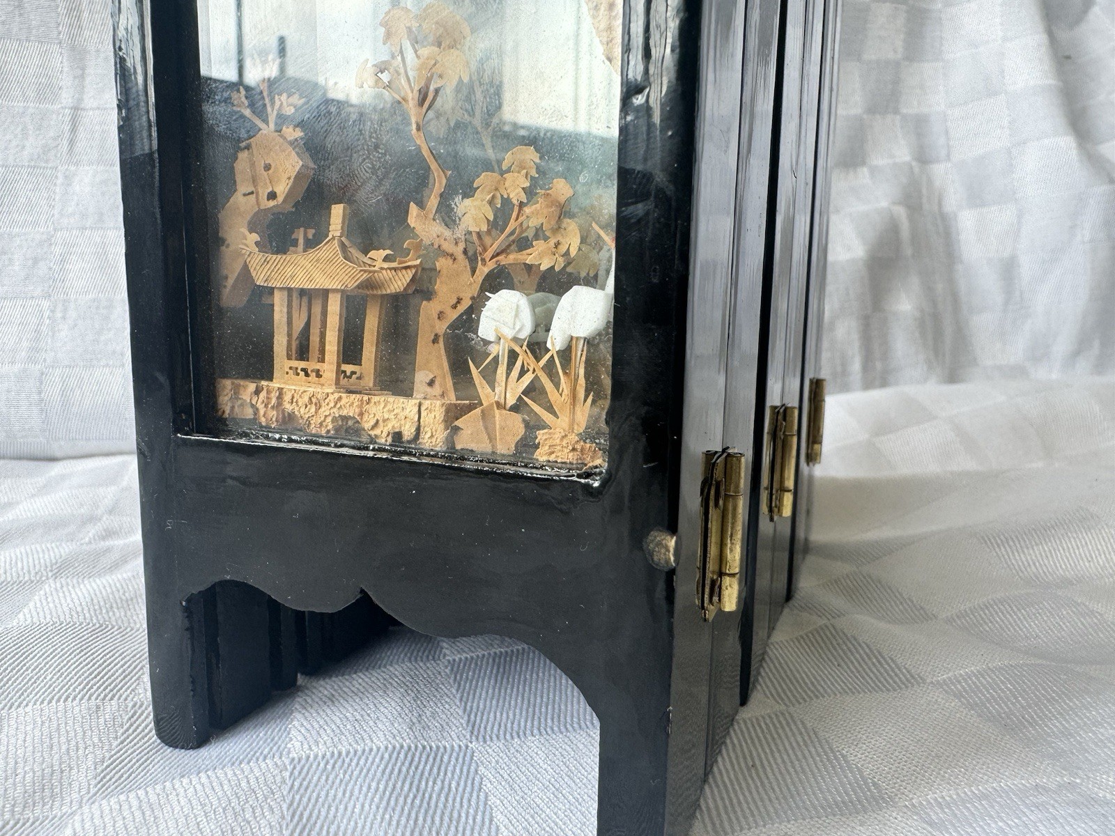Chinese Cork Art Folding Screen 6 Panel Diorama Landscape Pagoda Black Lacquer