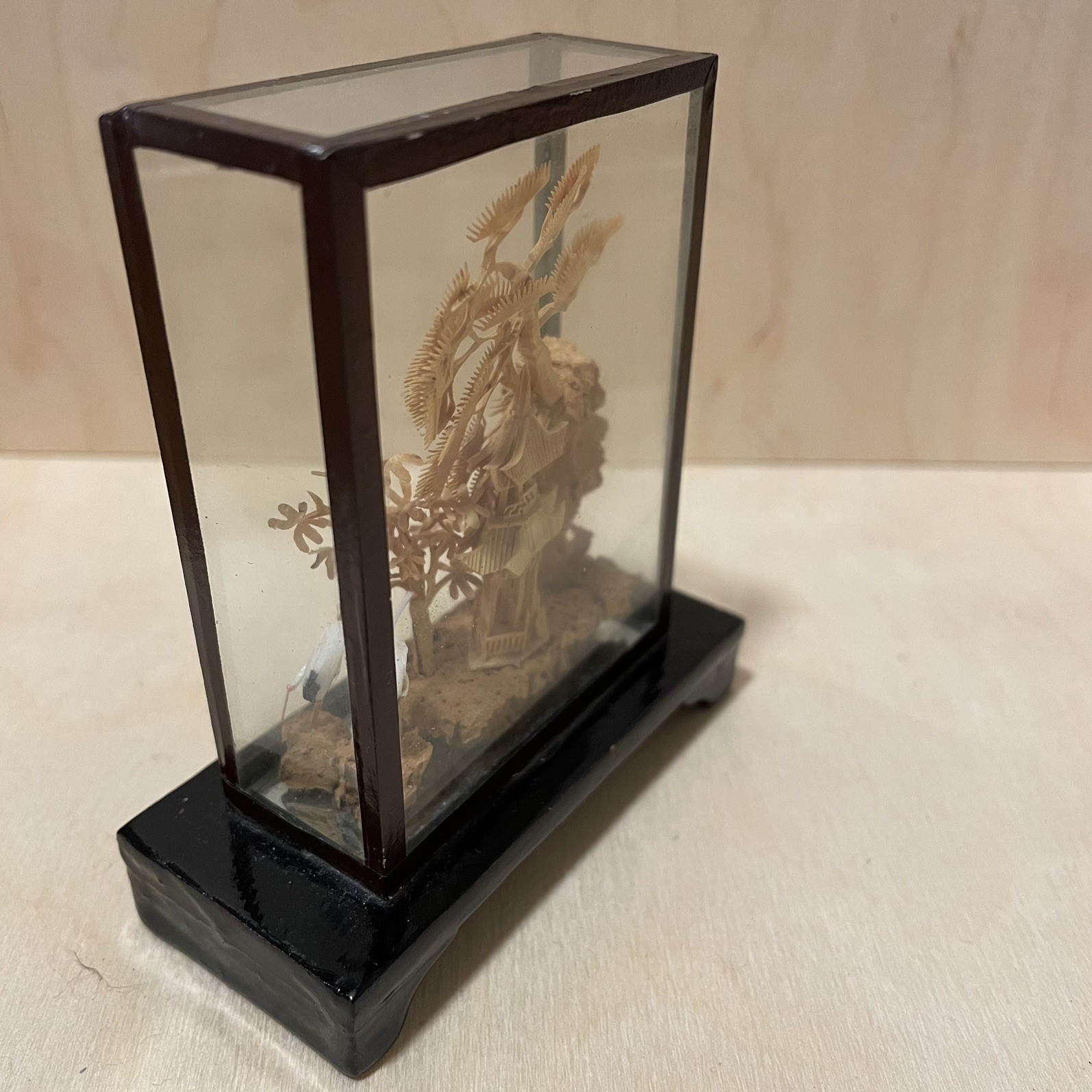 Handmade Vtg Small Chinese Carved Cork Diorama Pagoda with Trees Cranes 3.5″