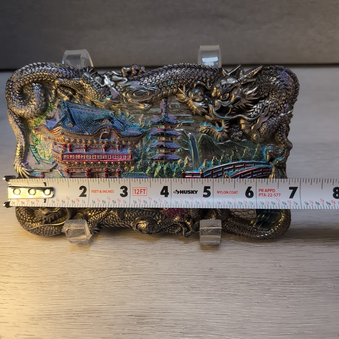 Antique Chinese Dragon Repousse Metal Tray Plaque Wall Art Jewelry Box Lid 7″x4″