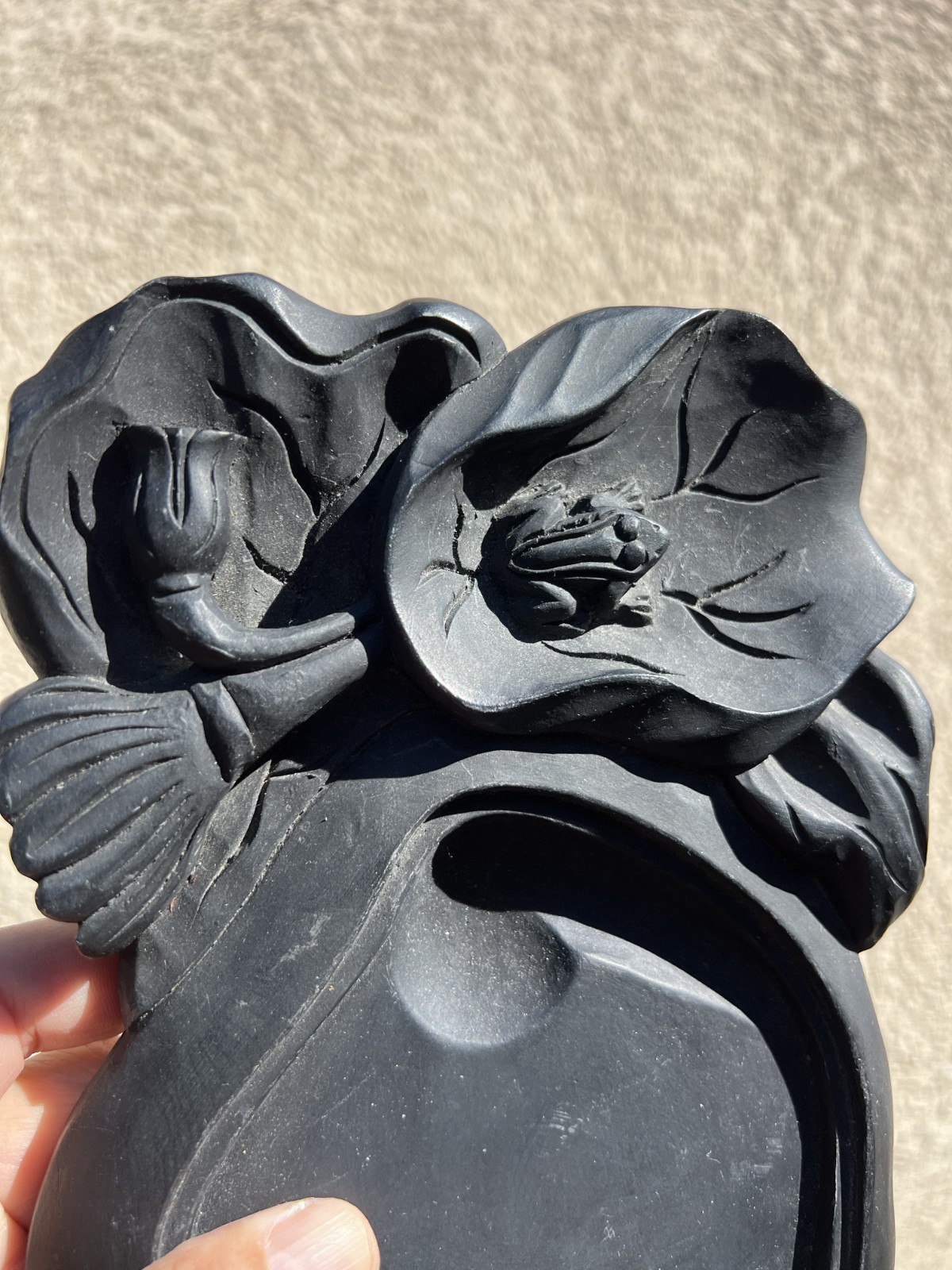 Big Chinese Hand Carved Flower Ink Stone Box w/ Cover 8″ Poem 1980
