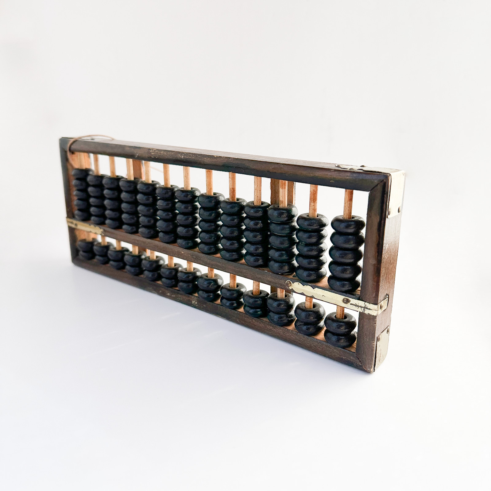 Vintage Chinese Wooden Abacus – 13 Rod Suanpan Calculator – Brass Corners