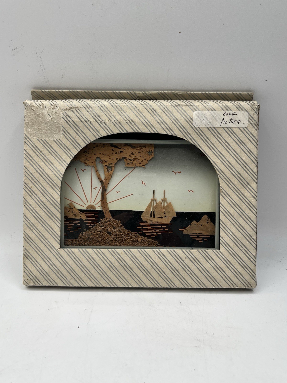 7.5×6” Framed Chinese Cork Sculpture Carving Diorama Wall Art Sailboat Trees