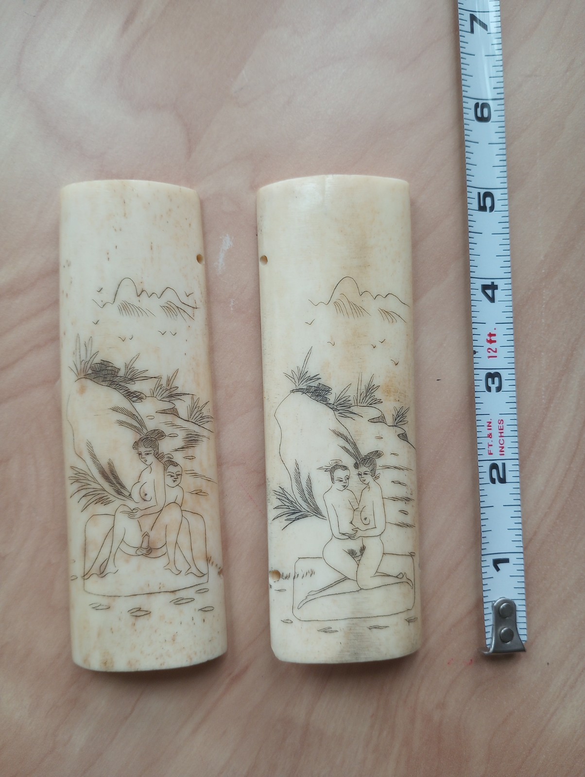 Two Antique Chinese Scrimshaw Shunga Panels Etched Erotica On Bone