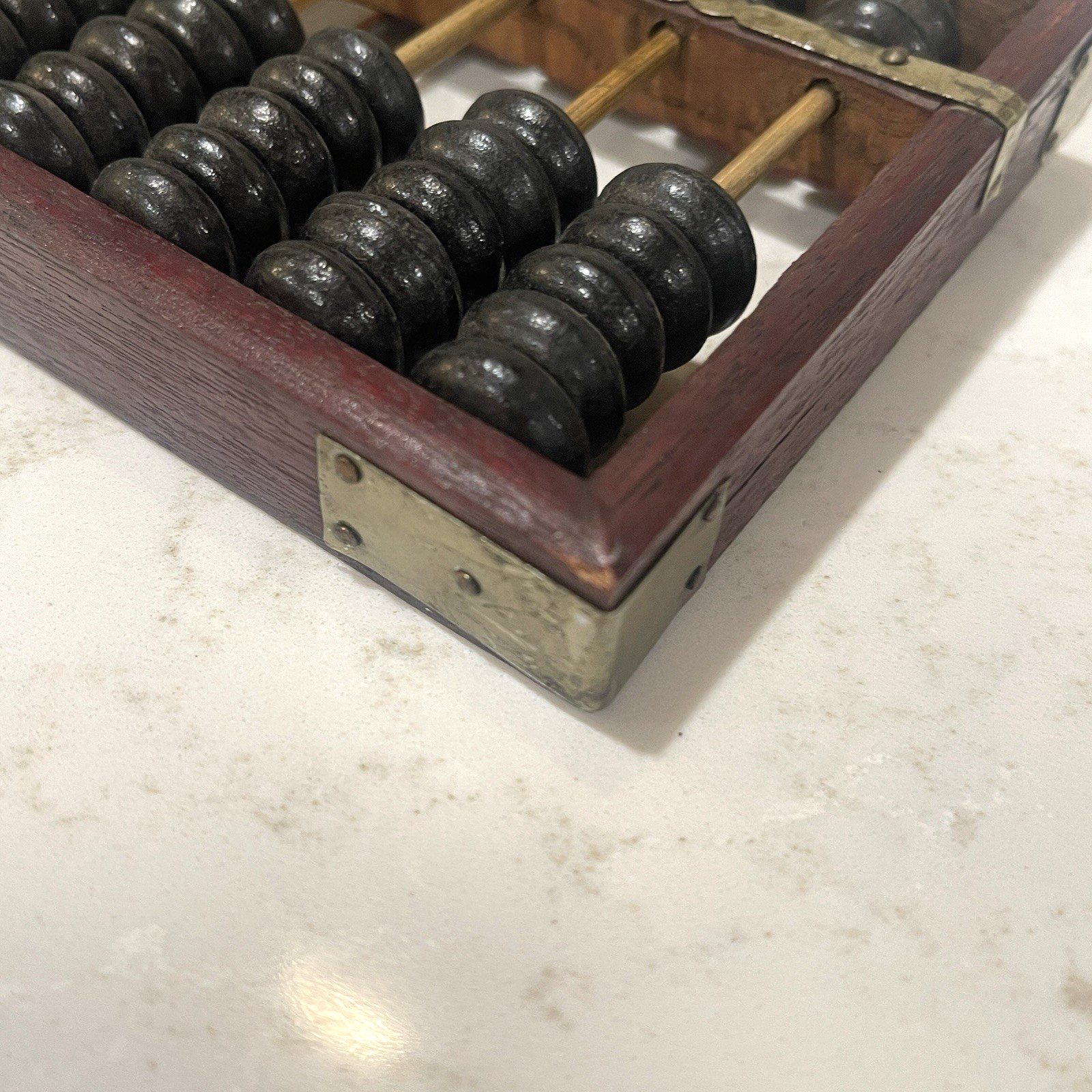 Vintage Abacus Brass Corners Chinese style Calculator Dark Wood 11 x 4.5 inch