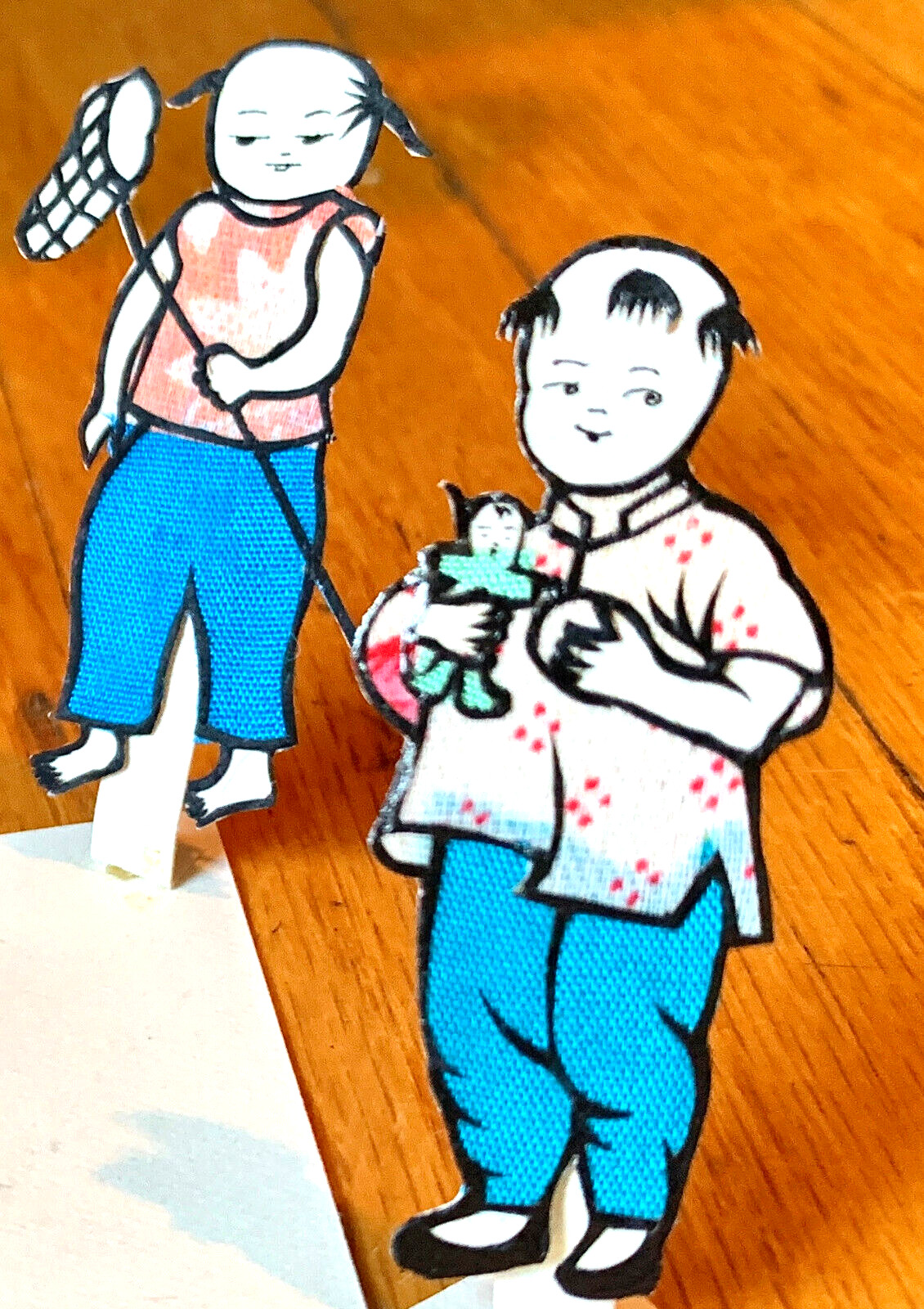 RARE OOAK 1950s Chinese Hand Made Silk Paper Children’s Toy Dolls Cards China