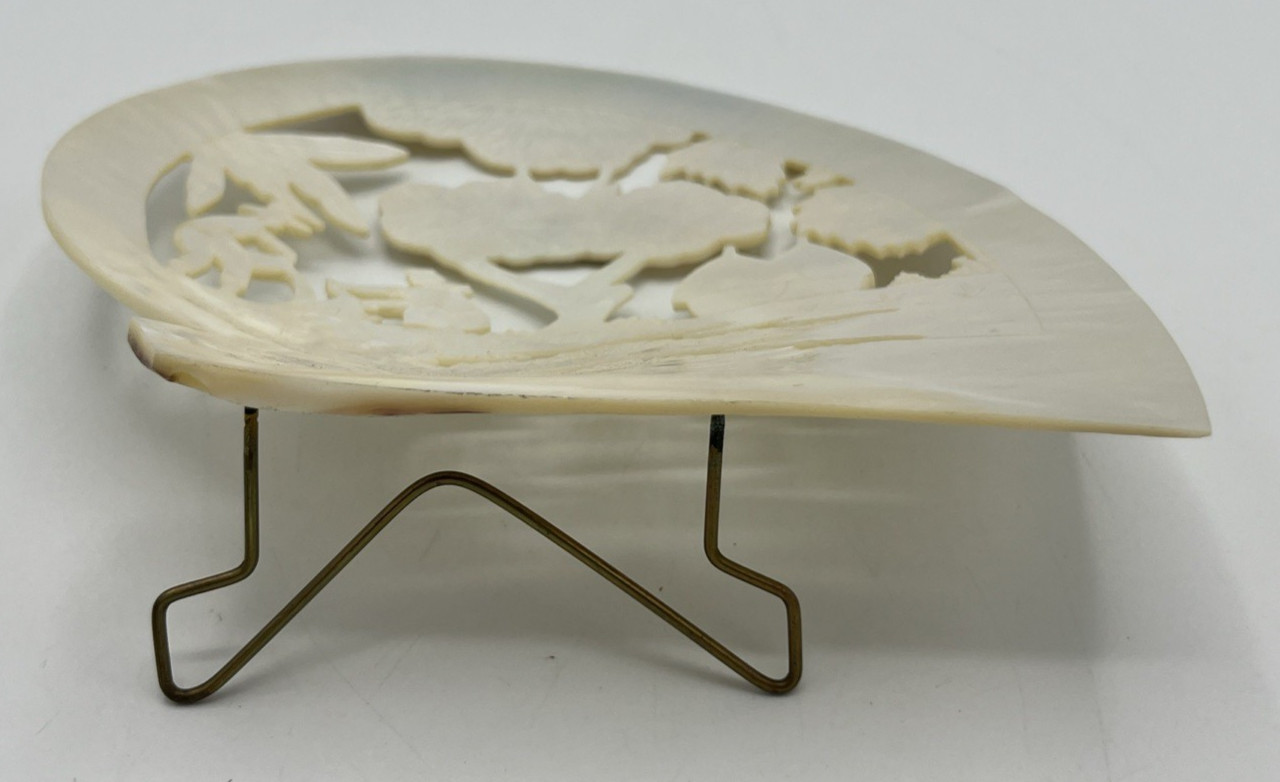 Carved Mother of Pearl Shell Asian Scene with Stand 6″ Tall