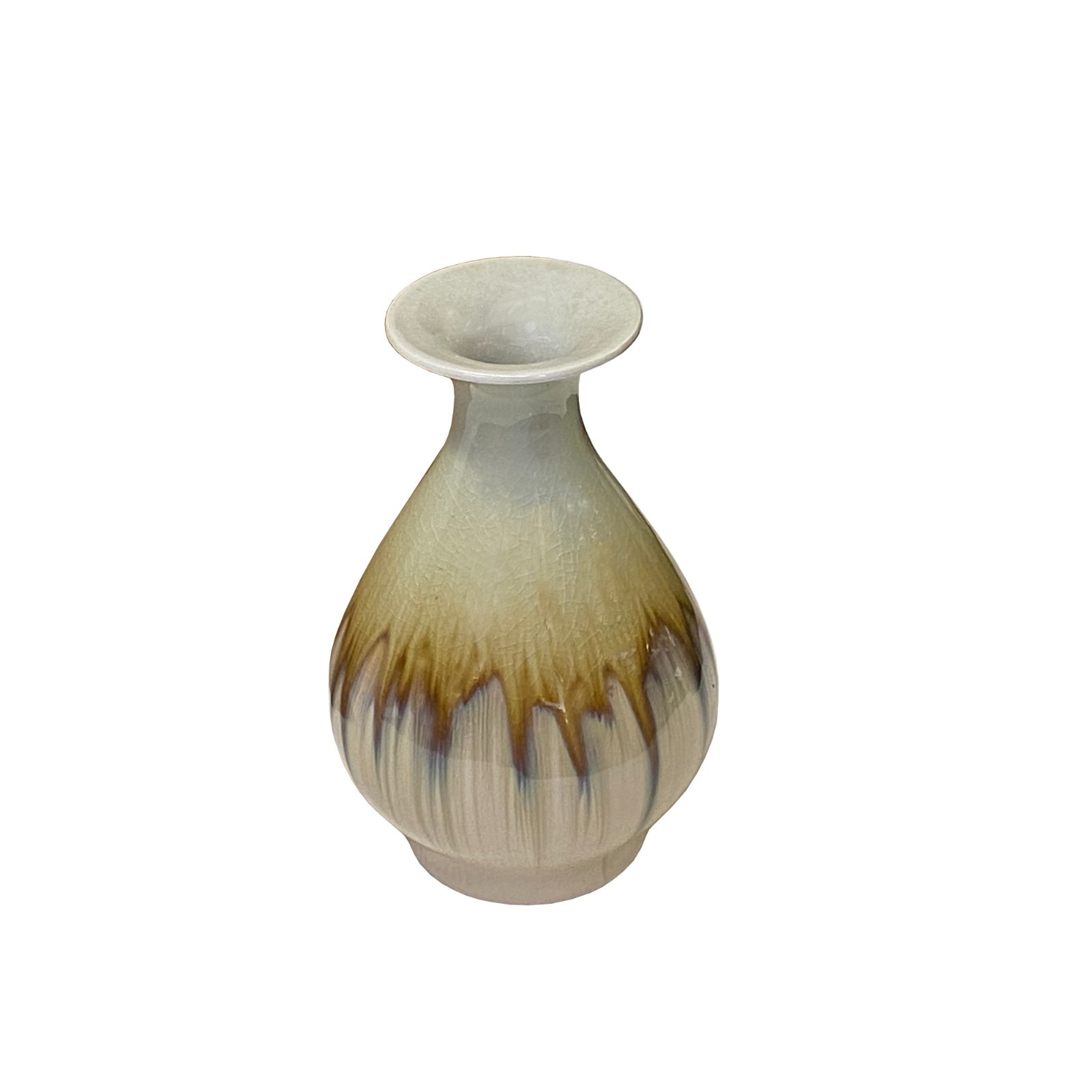 Light Brown Tan White Strips Ceramic Round Small Vase Jar ws3282
