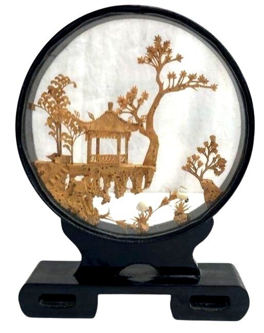 Chinese Pagoda Diorama In Glass Frame With Wooden Stand Art