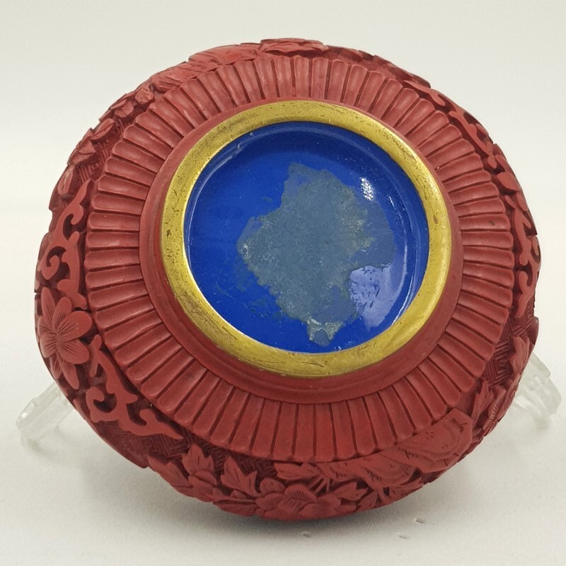 Vintage Chinese Cinnabar Lacquer Craved & Blue Enamel Brass Ashtray