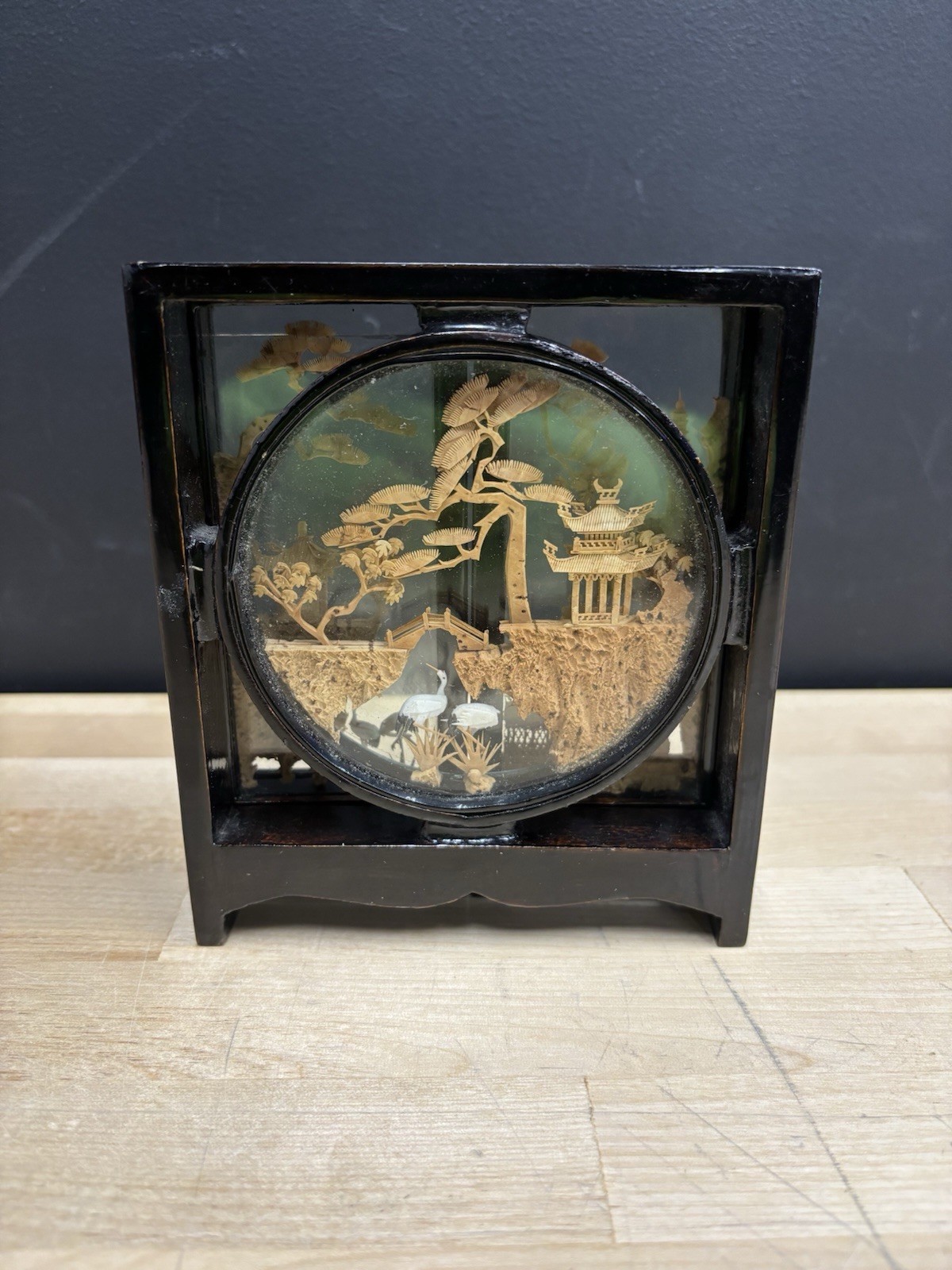 Vintage Chinese Cork Art Hand Carved Tri-Fold Diorama Box Pagoda Trees Cranes
