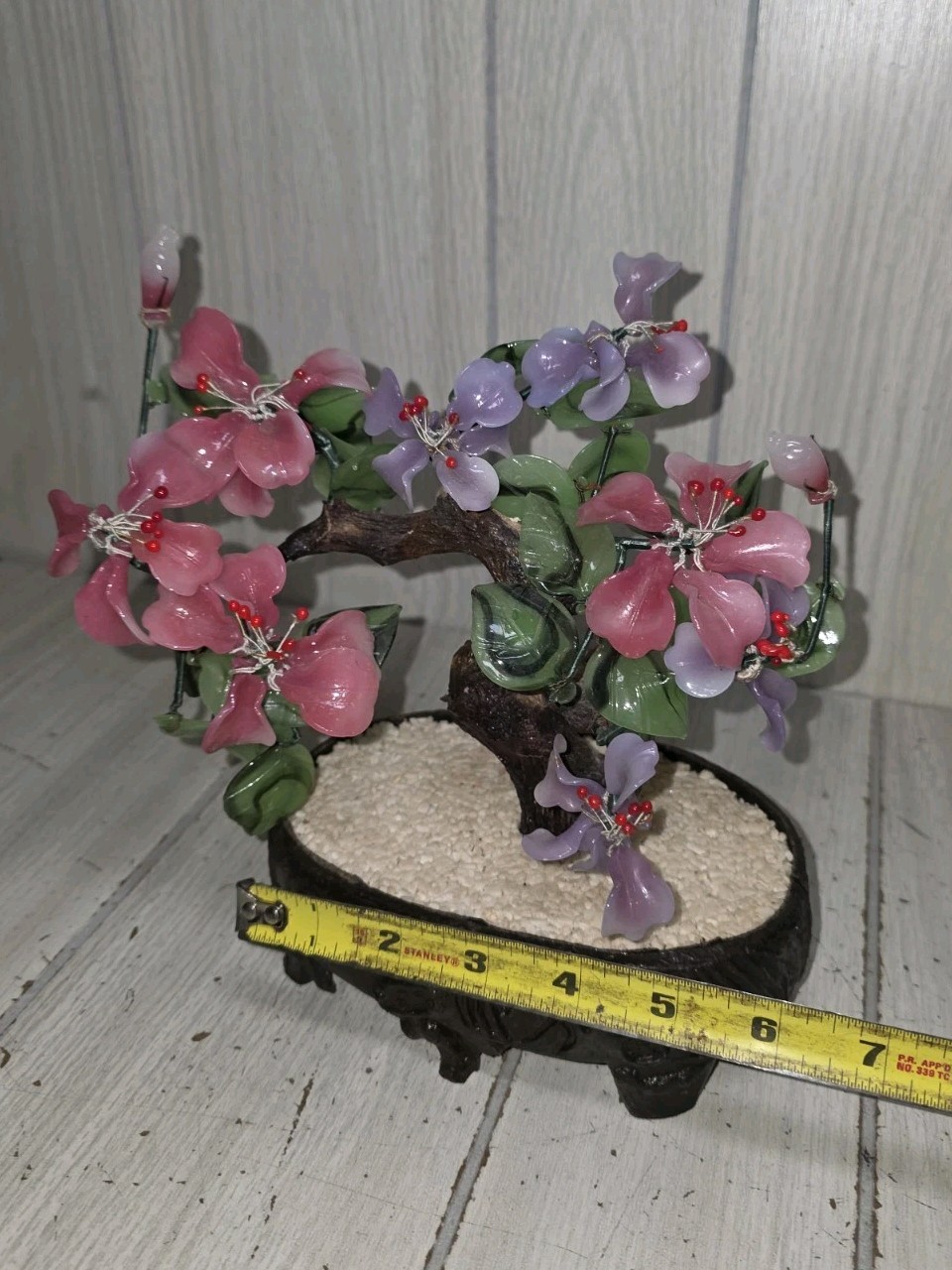 Vintage Chinese Peking Glass Jadeite Cherry Blossom Bonsai Tree Pink Purple MCM