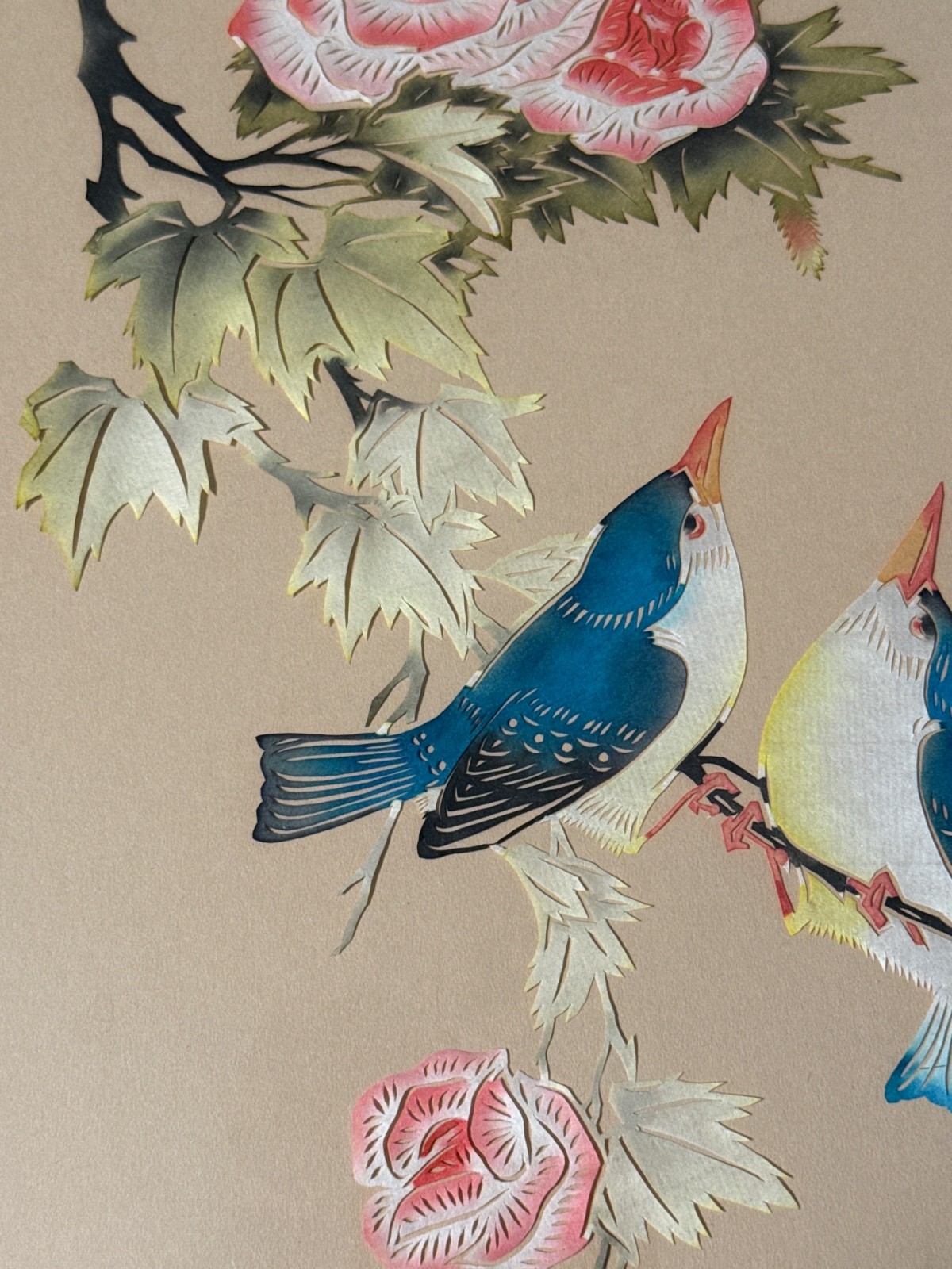 Vintage Asian Hand-Cut Bird & Flower Gouache Painting – Mid-Century Chinese ART