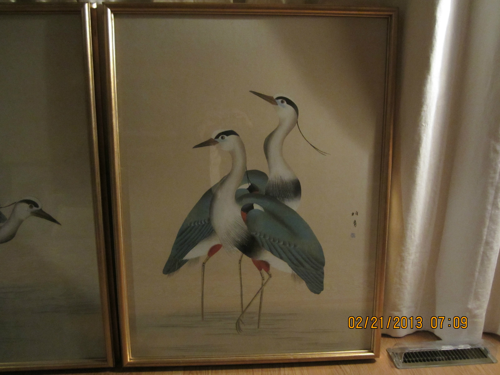 Large Asian Chinese Heron Crane Bird Art Pictures-Hand Painted Set Of 2-Stunning