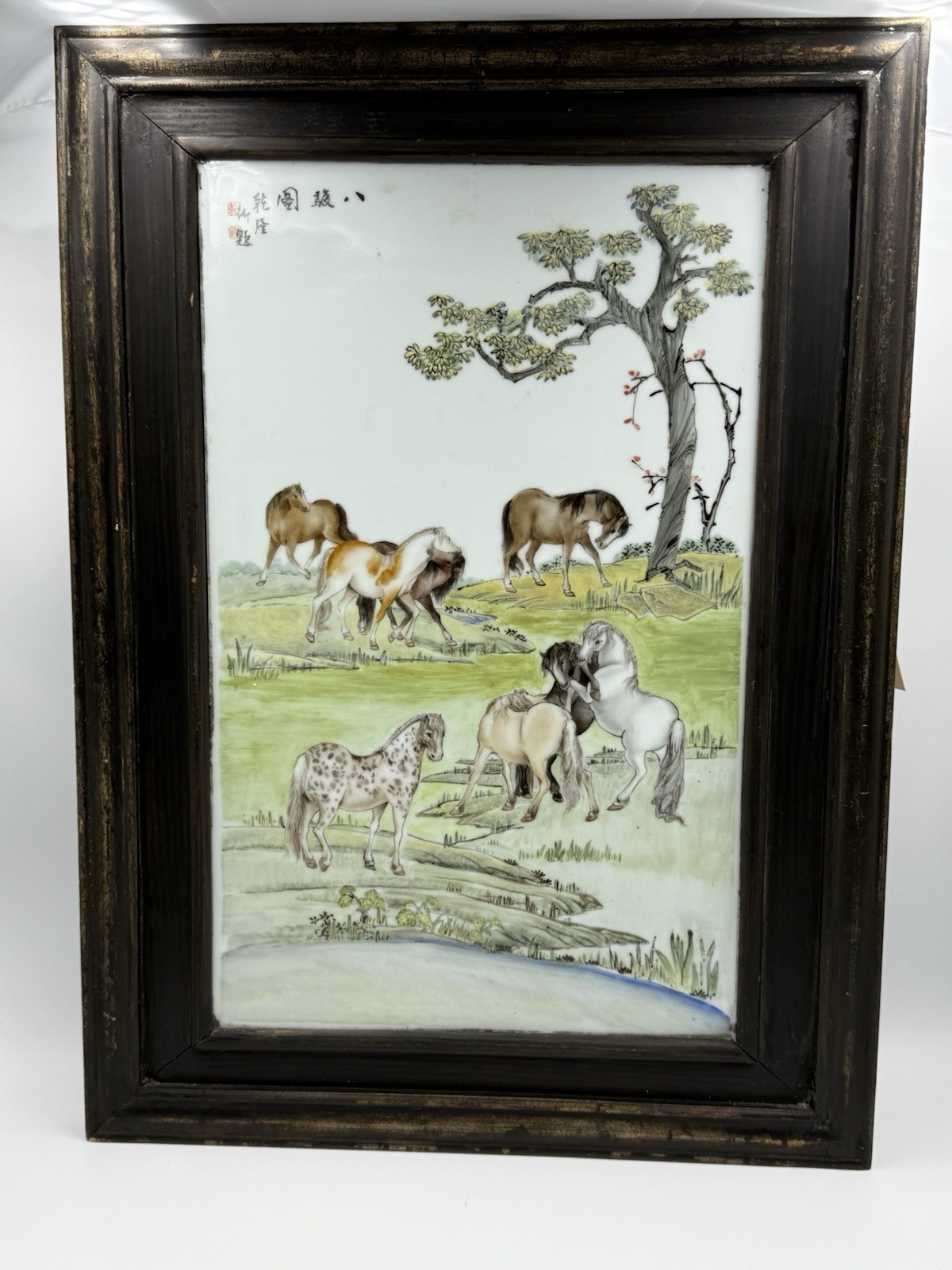 Chinese Hand Painted Porcelain Plaque Eight Horses Framed Wall Art Vintage