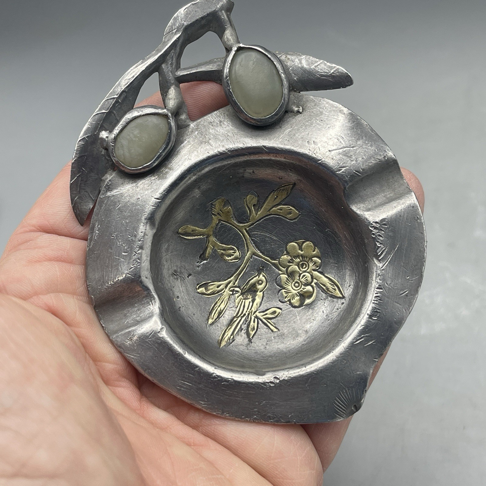 Antique Chinese Export Pewter And Jade Peach Ashtray Cherry Blossom Bird Inlay