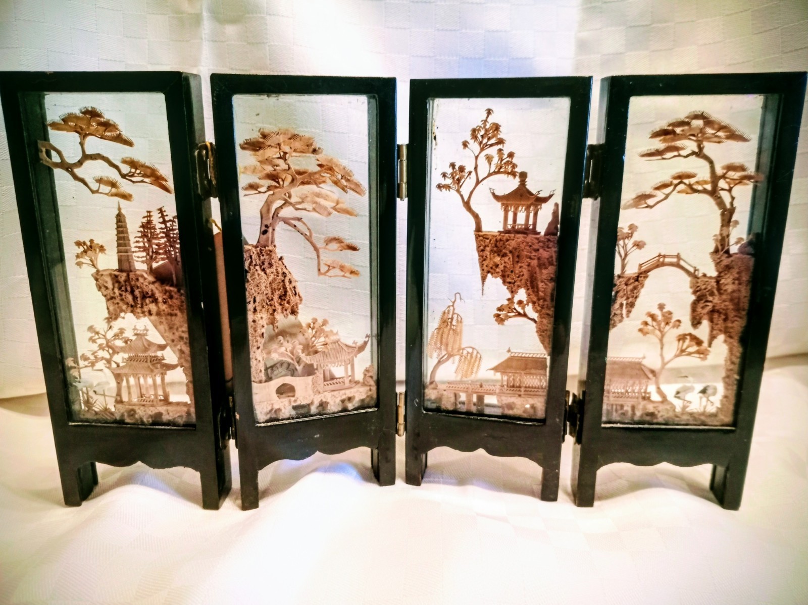 Chinese Cork Art Vintage 1980’s Miniature Screen Carved Birds, Trees, Pagodas