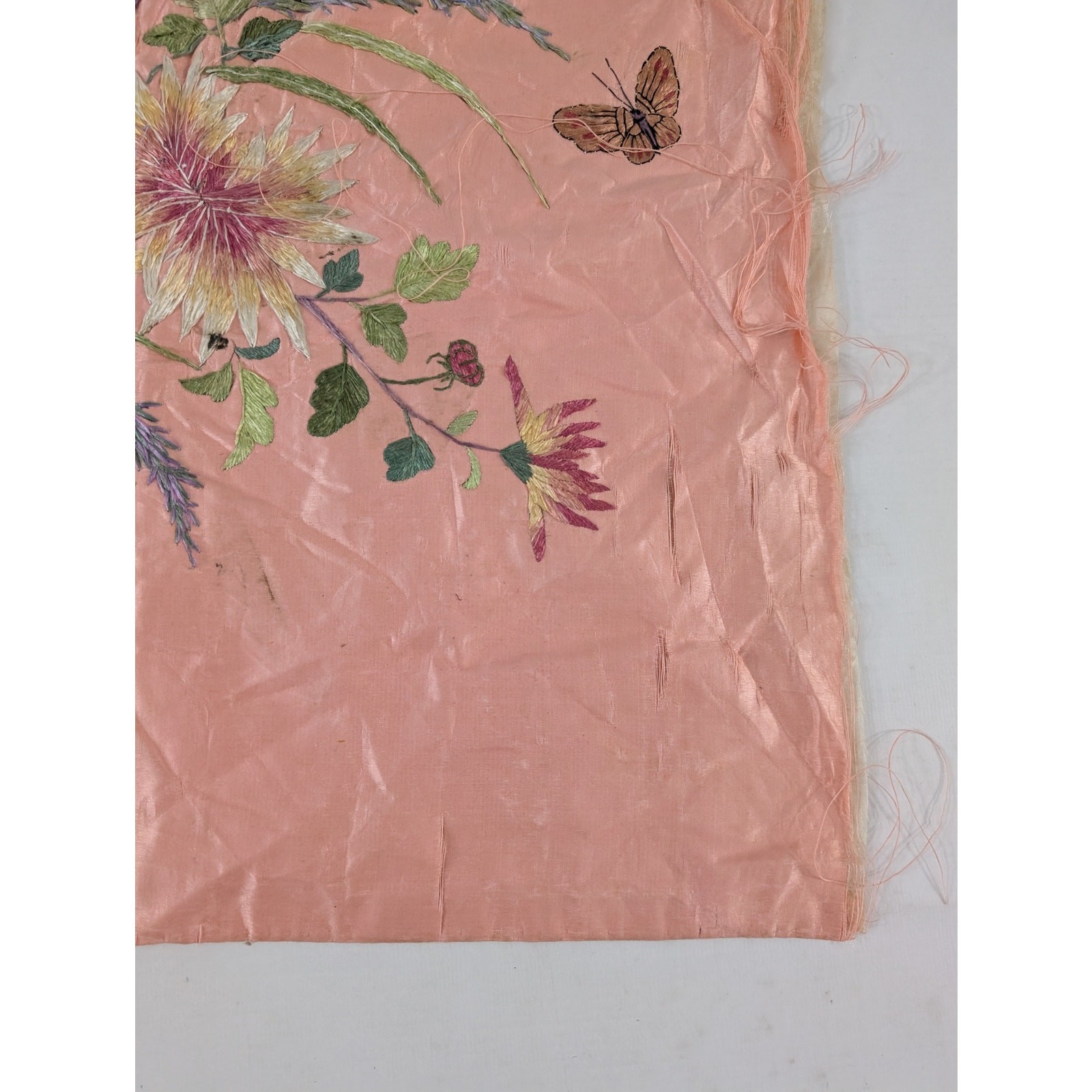 Vintage Chinese Hand Embroidered Floral & Butterfly Silk Textile 23x18in