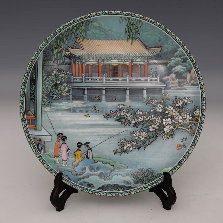 8″ Collect China Grisaille Painting Porcelain Zhang Songmao Summer Palace Plate