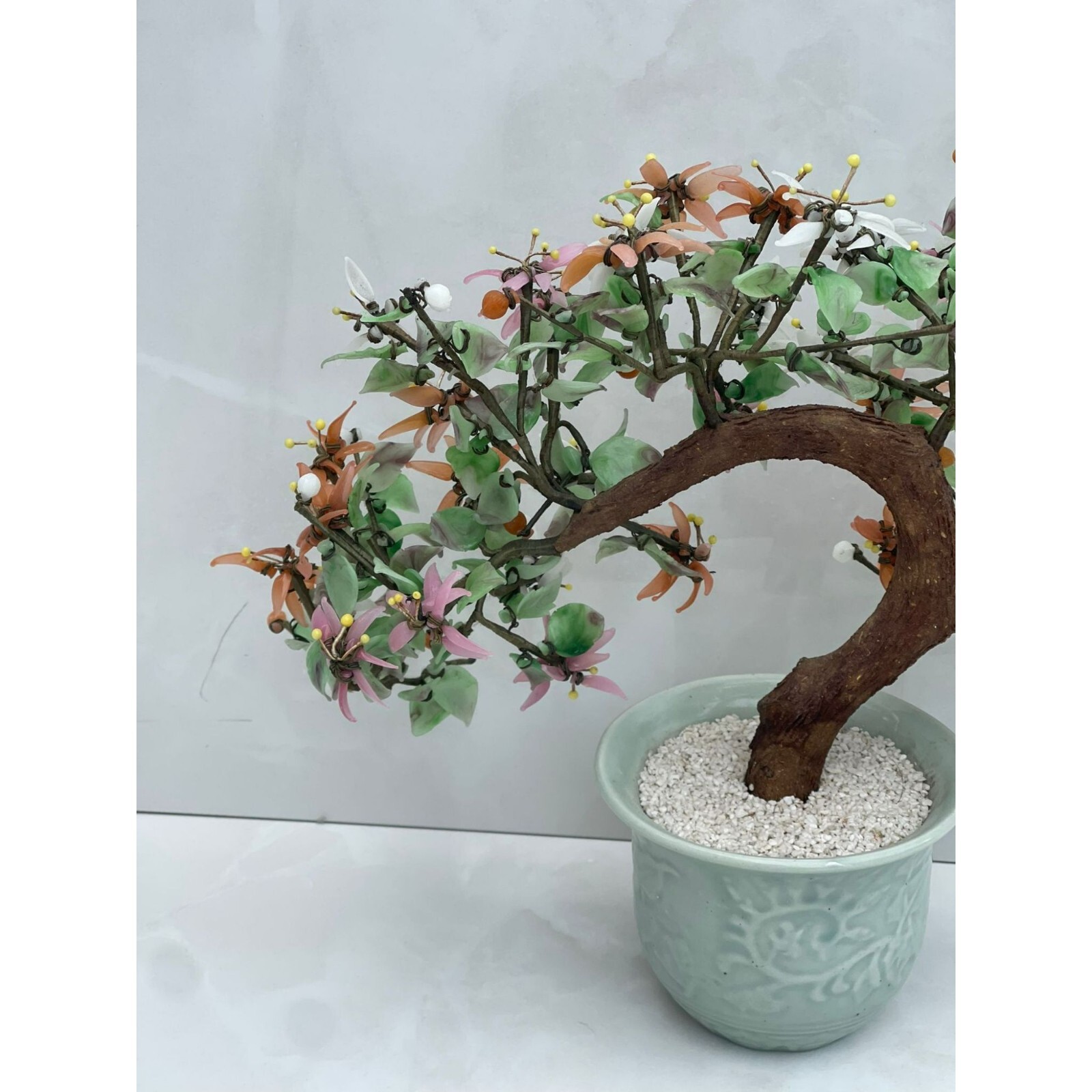 Vintage Glass Large Chinese Bonsai Tree Jade Stone Multicolor Sz 13inch