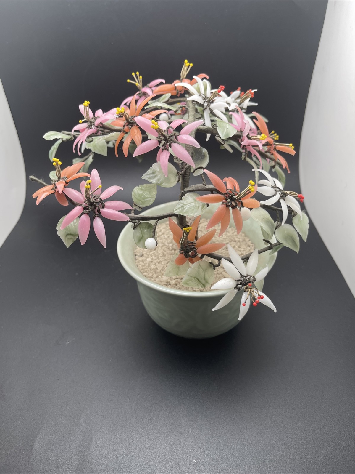 Vintage Medium Chinese Jade Quartz Stone Glass Flower Bonsai Tree Celadon As Is