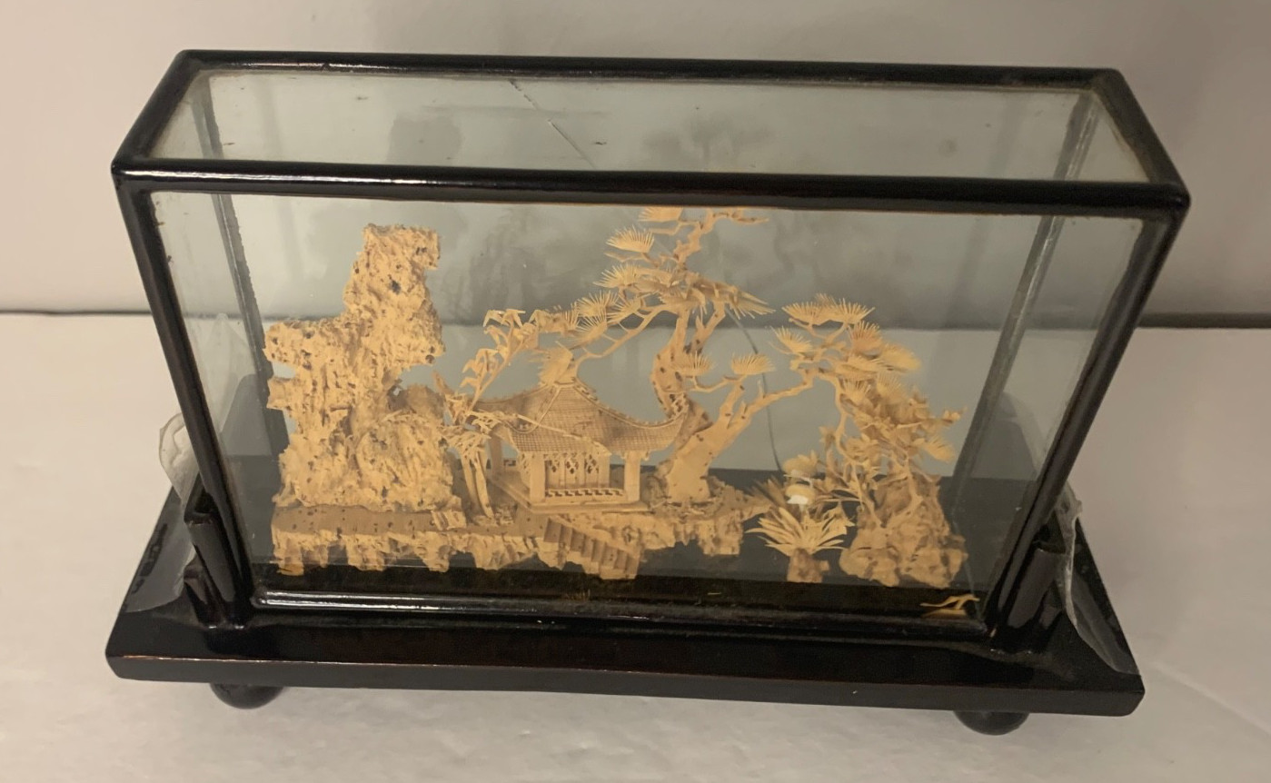 Vintage Asian Cork Diorama Art Pagoda Trees Hand Carved Glass Frame- See Details