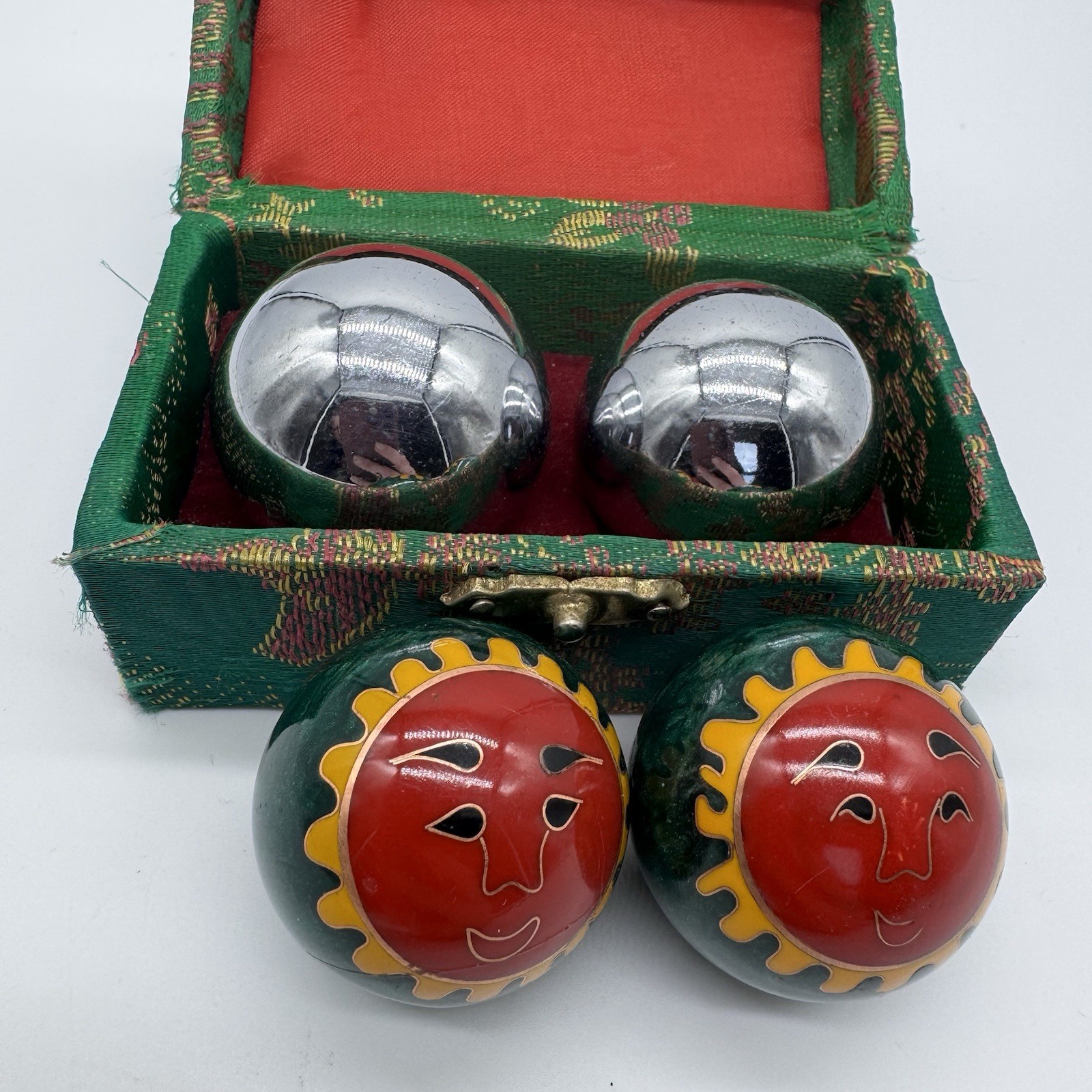 Vintage Chinese Baoding Balls Set Cloisonne Sun Moon Chrome w Case