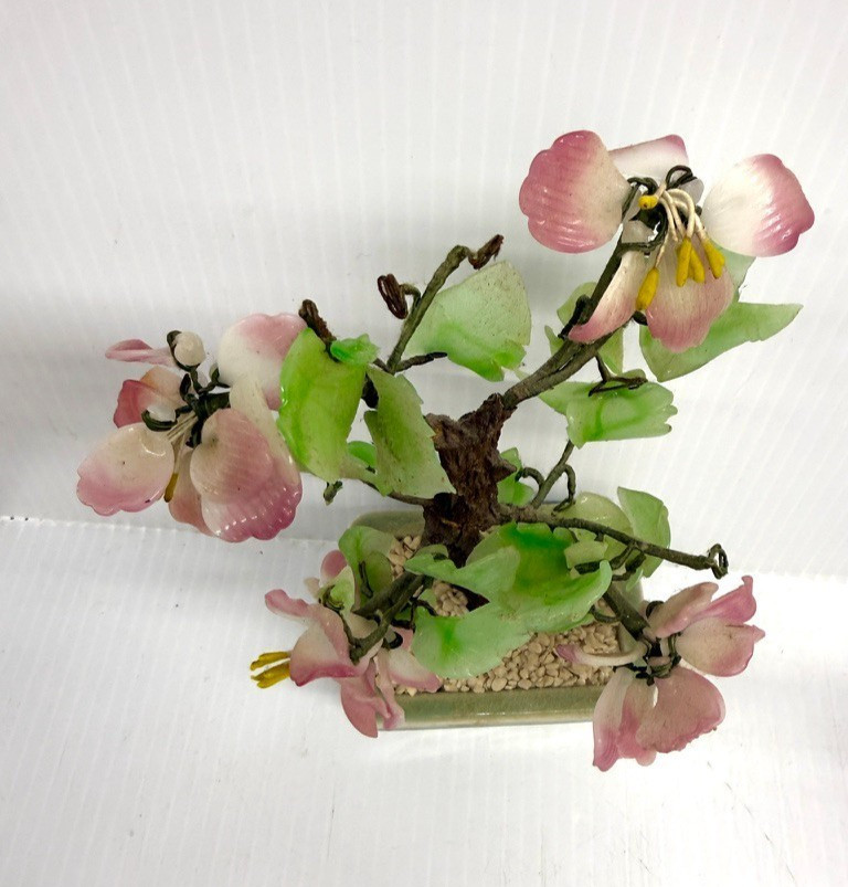 Vintage Jade Glass Cherry Blossom Bonsai Tree Pink Flowers 8” Celadon Pot