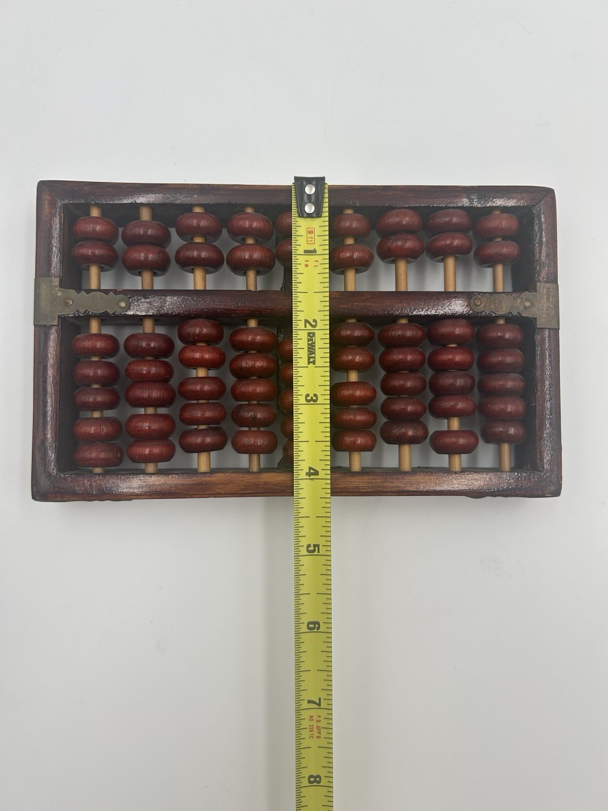 Vtg Chinese Abacus Rose Wood Frame with Brass Binding 9 row and 63 Beads 7”x 4”