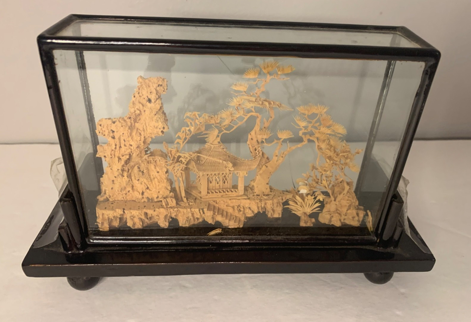 Vintage Asian Cork Diorama Art Pagoda Trees Hand Carved Glass Frame- See Details