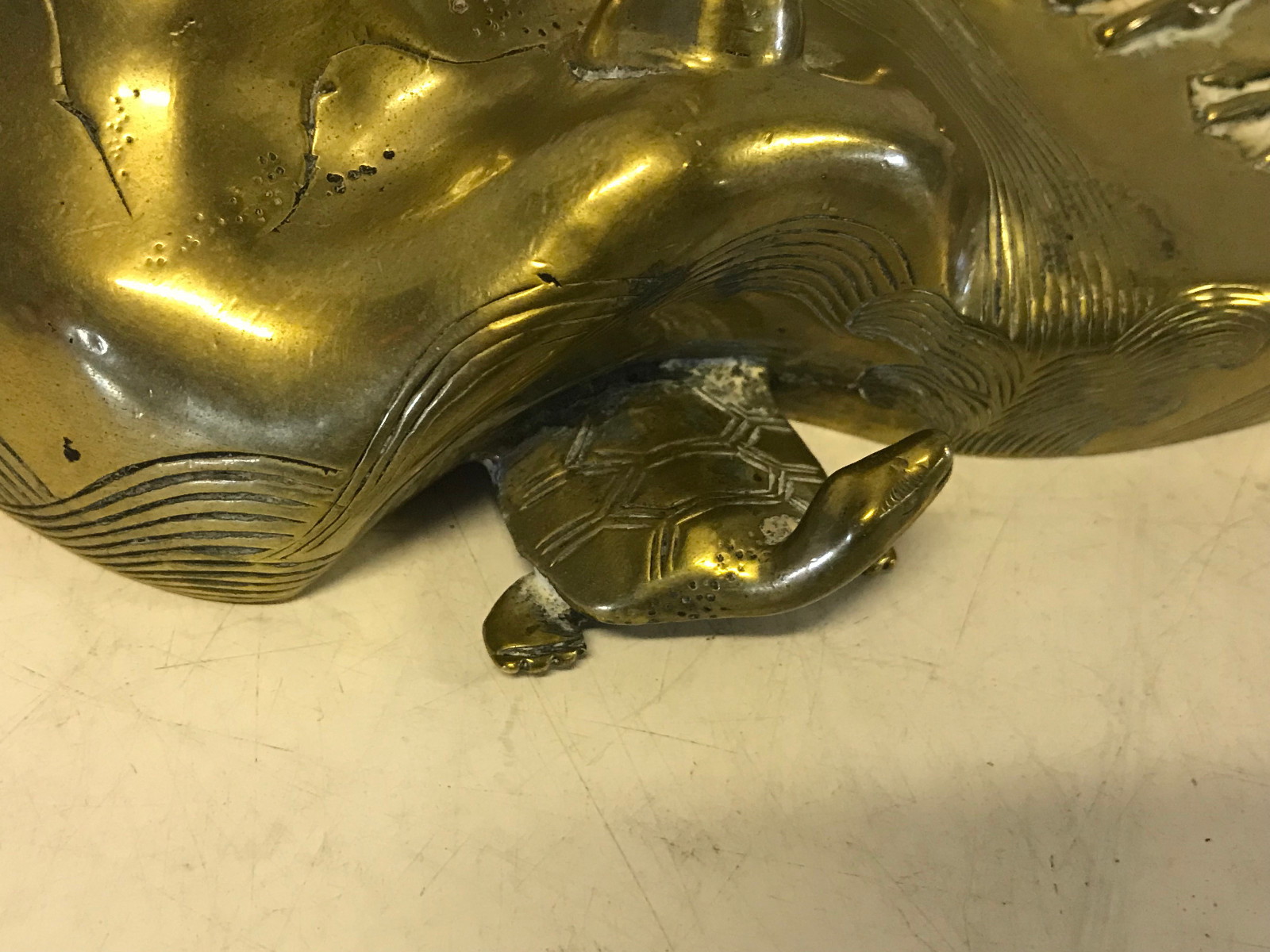 Vintage Possibly Antique Chinese Brass Candle Holder w/ Crane Flower & Turtle