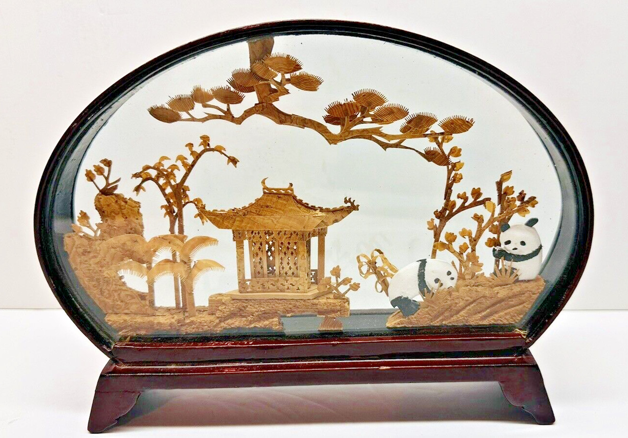 Vintage Chinees Hand Carved Cork Diorama Lacquer Cherry Wood With Pandas 8″ x 6″