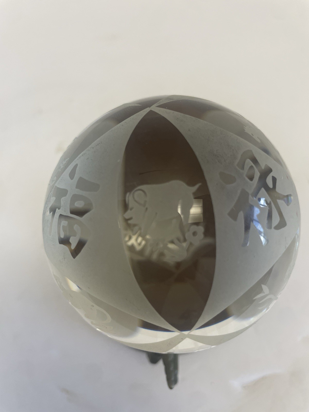 Chinese Zodiac New Year Etched Crystal Ball W Vintage Brass Unicorn Stand