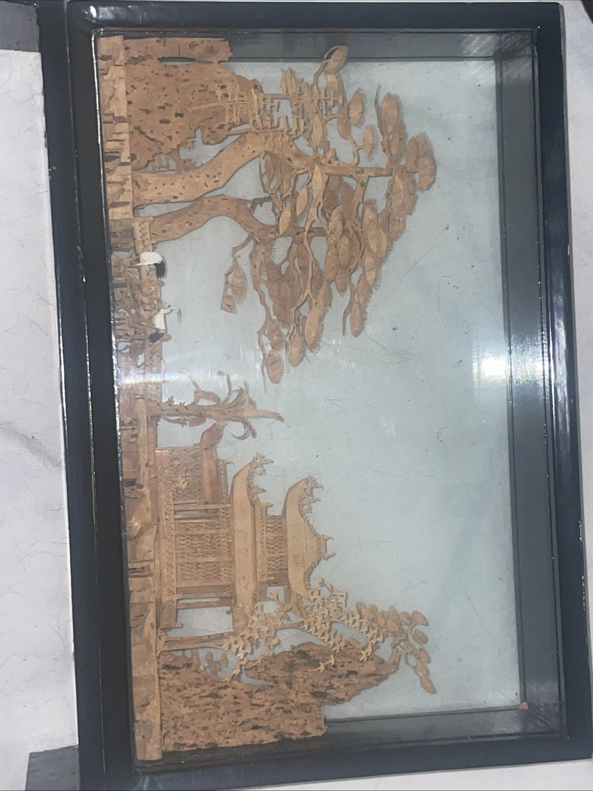 Vintage Chinese Carved Lacquer Pagoda Diorama Tray