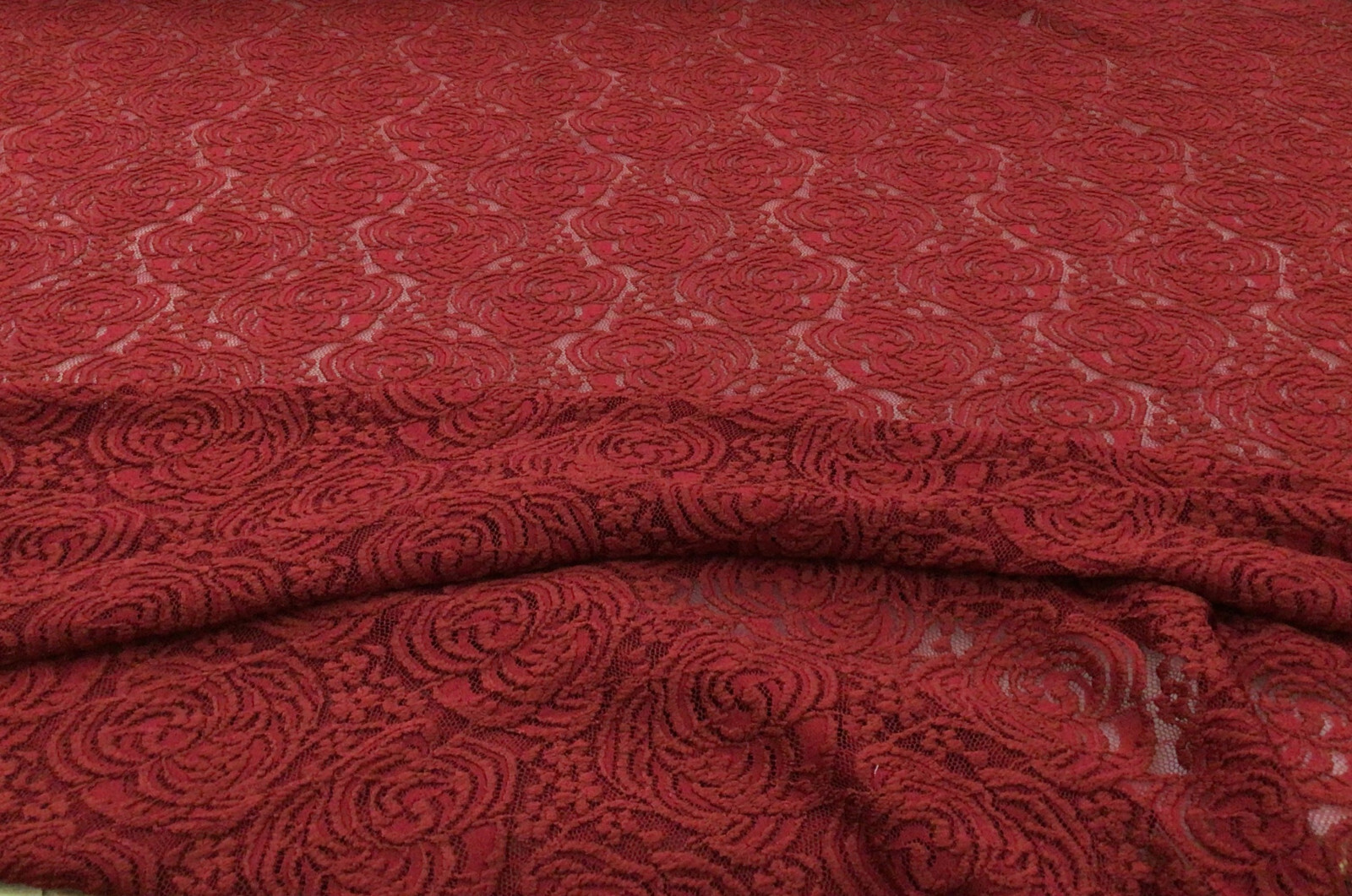 Embroidered Stretch Lace Apparel Fabric Sheer Rose Floral Ruby Red ZZ214