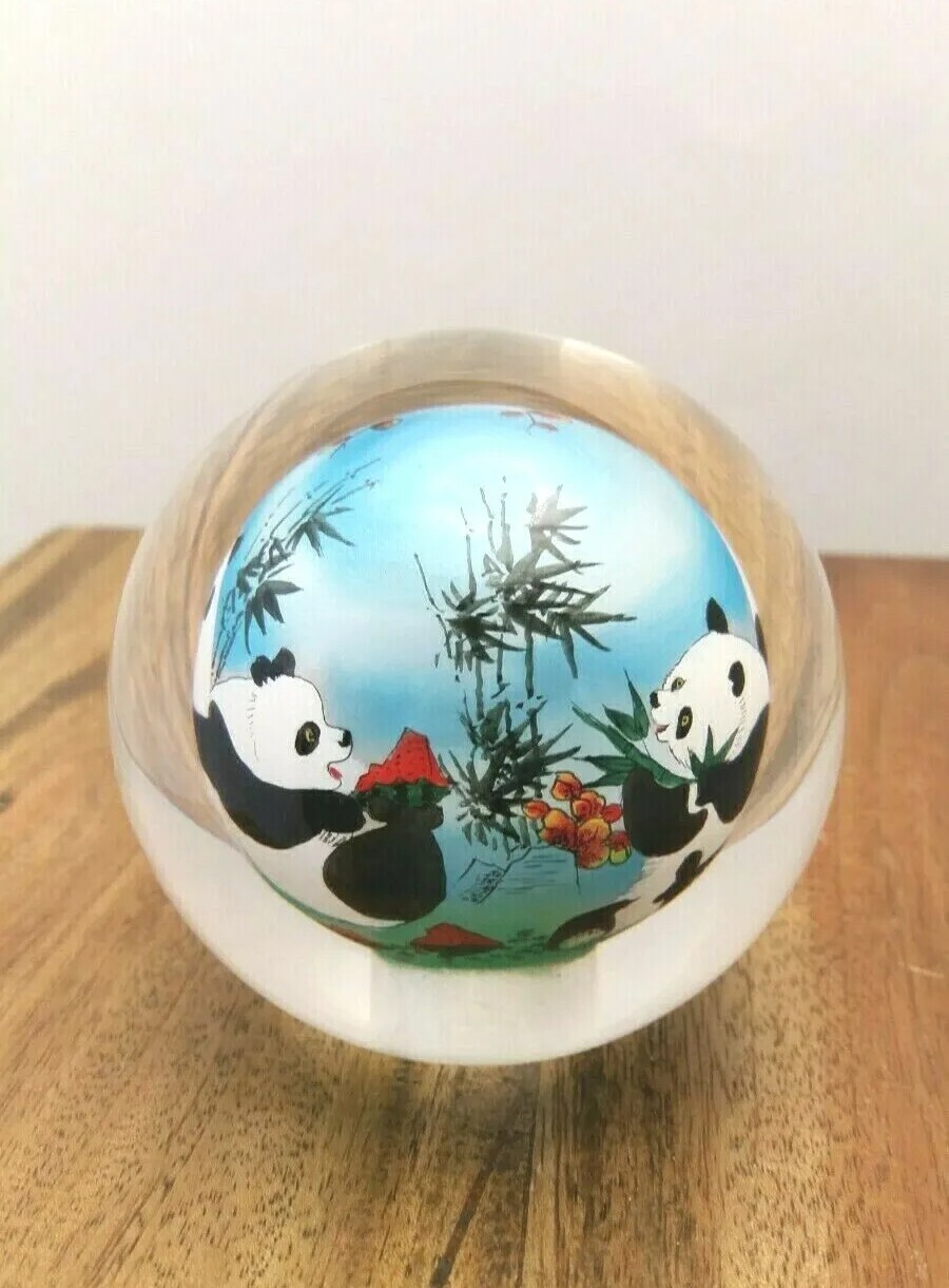 Chinese Glass Ball Sphere Paperweight Reverse Hand Painted Pandas NO Base