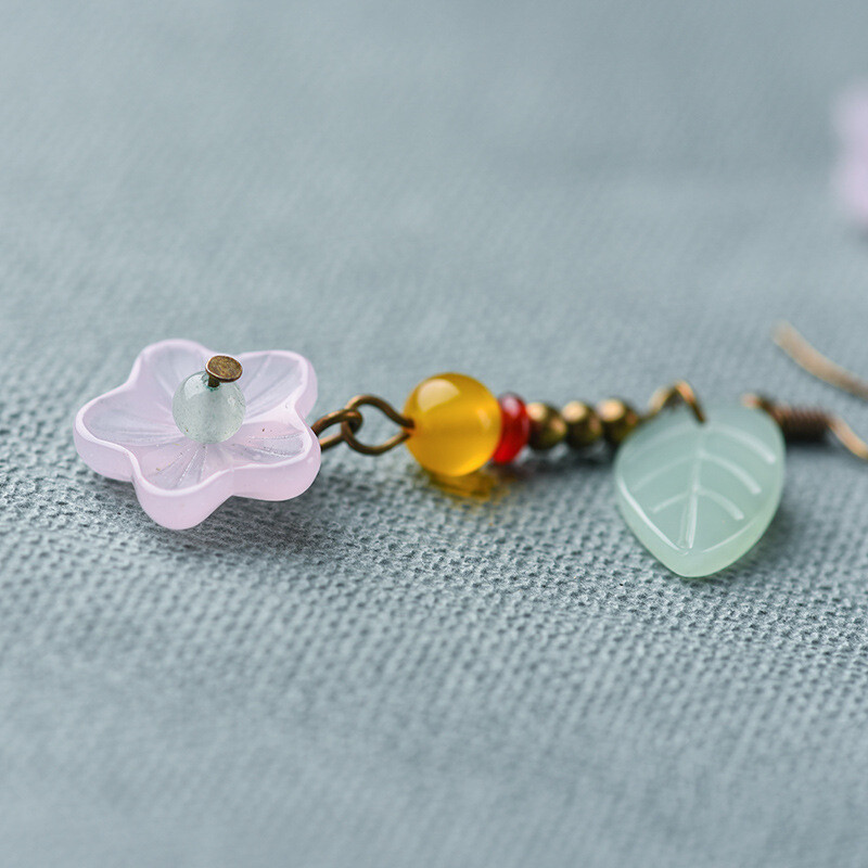Chinese Coloured Glaze/Agate Flower Leaf Tibetan Style Vogue Earbob Earrings