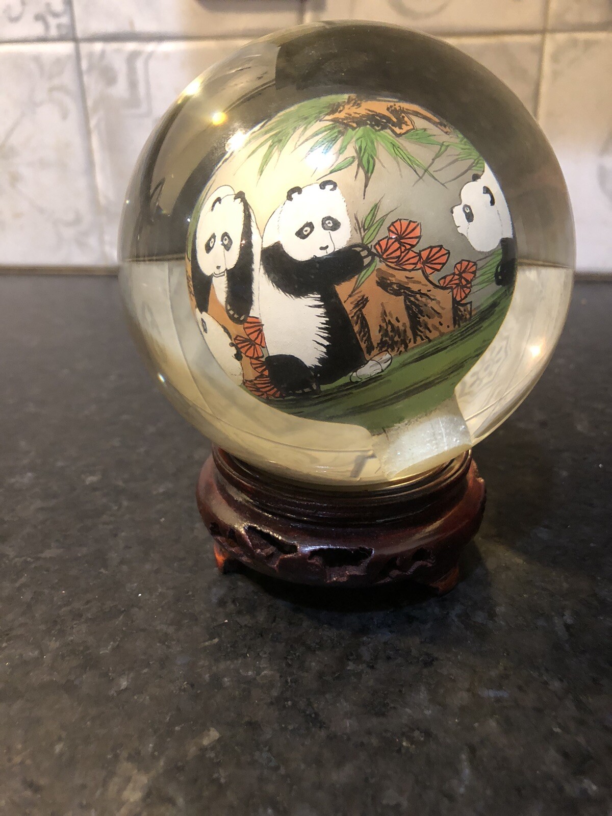 Chinese Glass Ball Sphere Reverse Hand Painted Pandas