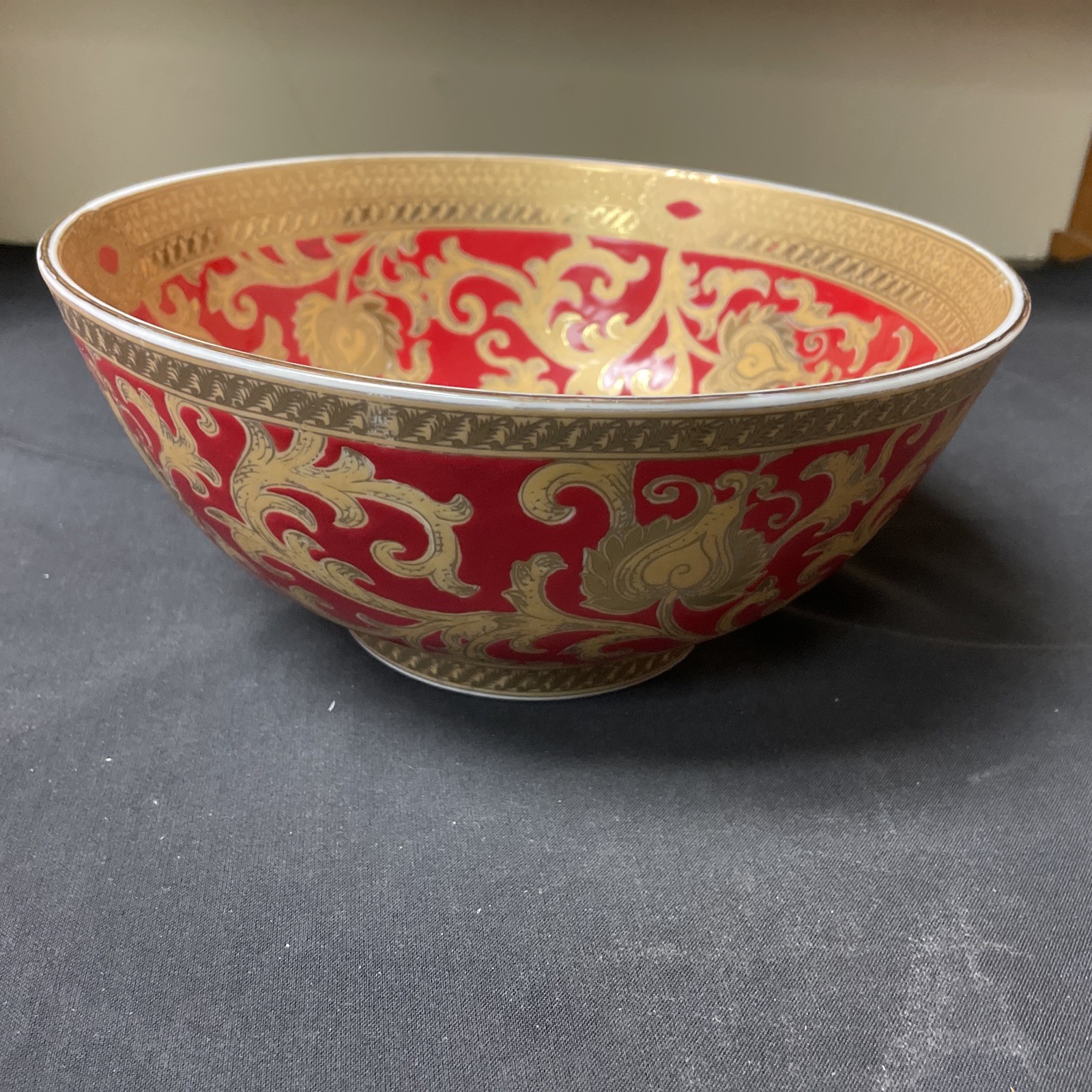 Chinese Red & Gold Asian Tapestry Bowl Floral Motif