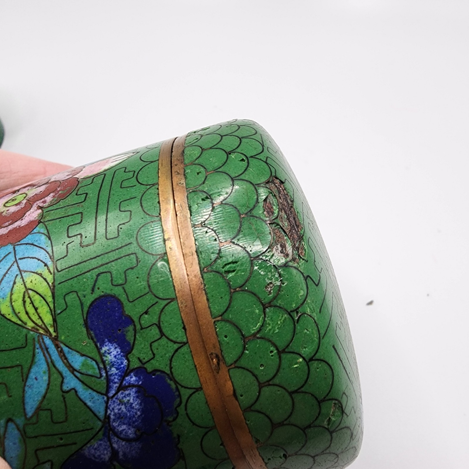 Vtg Green Chinese Lidded Cigarette Matches Ashtray Cloisonné Set Blue Enamel