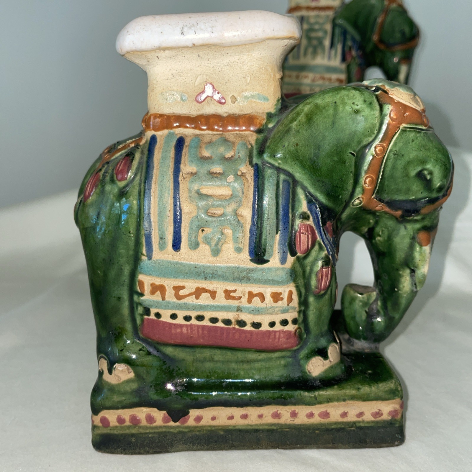 VTG Pr of Ceramic Hand Painted Majolica Asian Elephant Statue