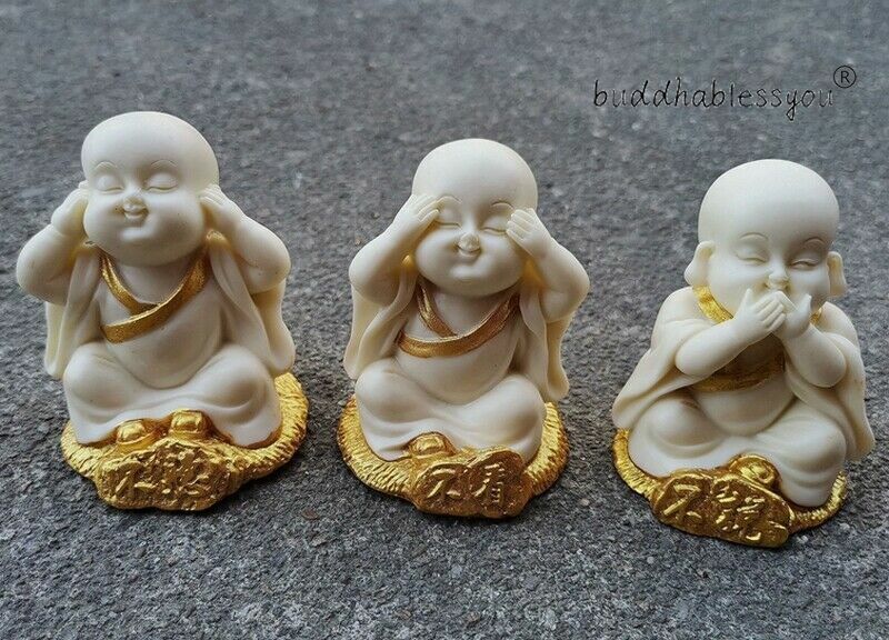 3 Pcs Tagua Nut See Hear Speak No Evil Monks Statue Figurine Decor
